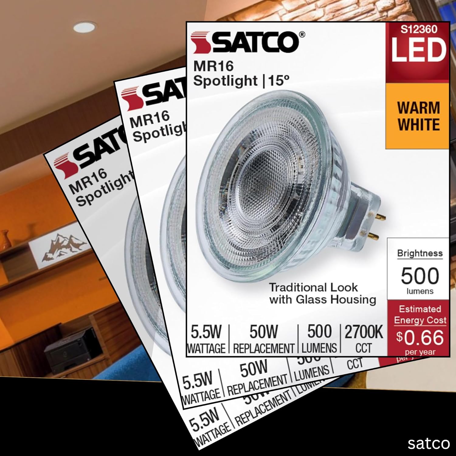Satco LED MR16 Spotlight 5.5W 50W Equivalent 2700K Warm White 90+ CRI 15 Beam GU5.3 Bi-Pin Base 12V Dimmable Clear Finish Part S12360 (6 Pack)