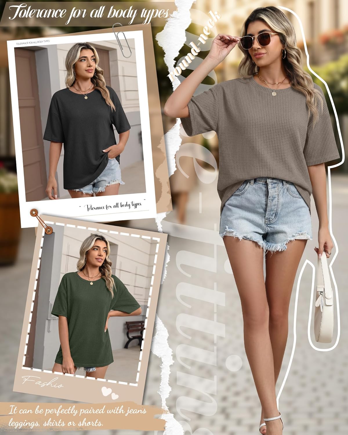 Oakgarden 3 Pack Women's Oversized Waffle T-Shirts, Half Sleeve Crewneck Loose Fit Workout Tops Casual Baggy Tee Gym Summer