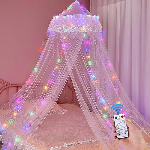 Unicorn Castle Bed Canopy for Girls Princess Canopy Bed Curtains Room Decor Dome Bed Net Canopy with Timed Light Bedroom Decor, White