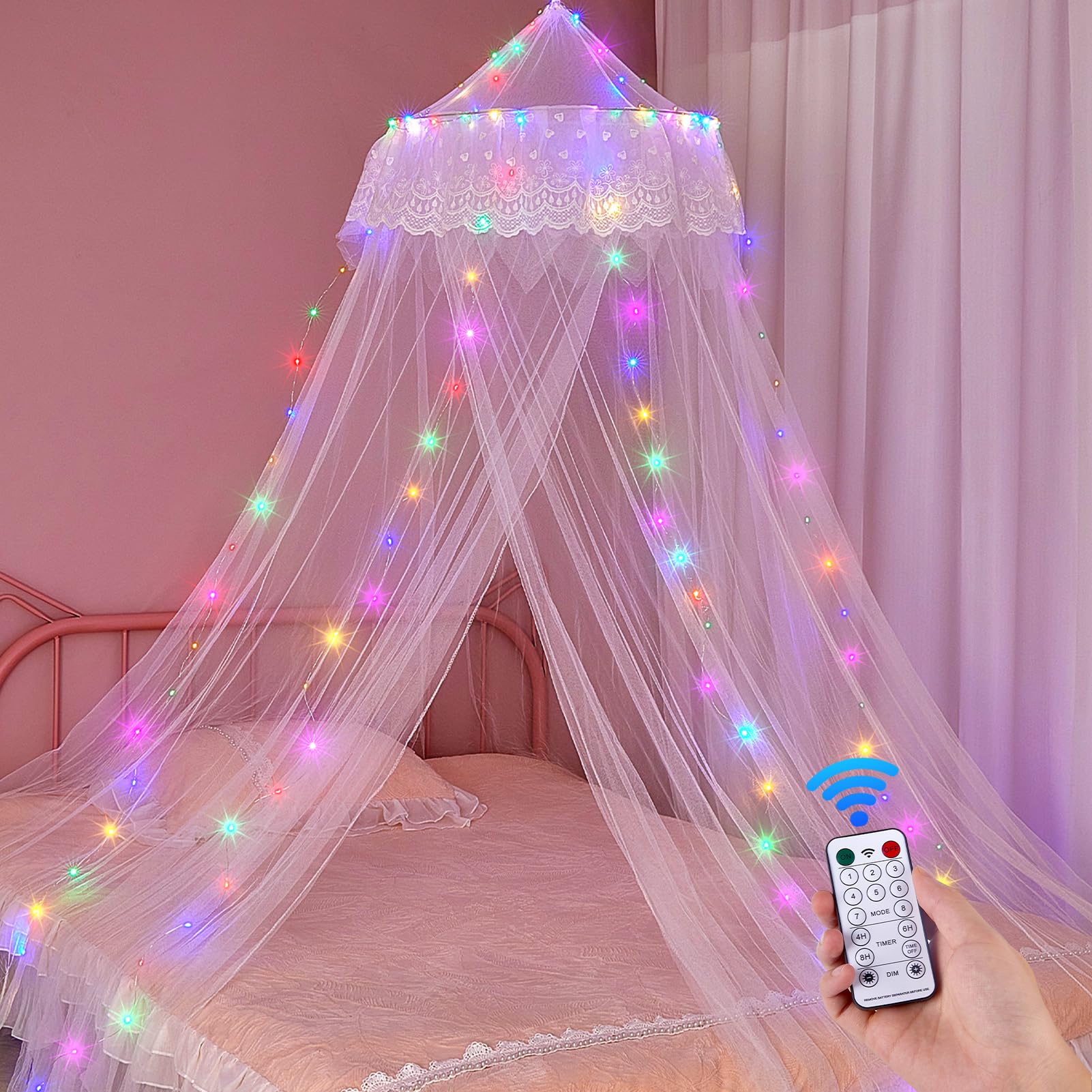 Cortinas de cama con dosel contra la oscuridad infantil con red de castillo y temporizador