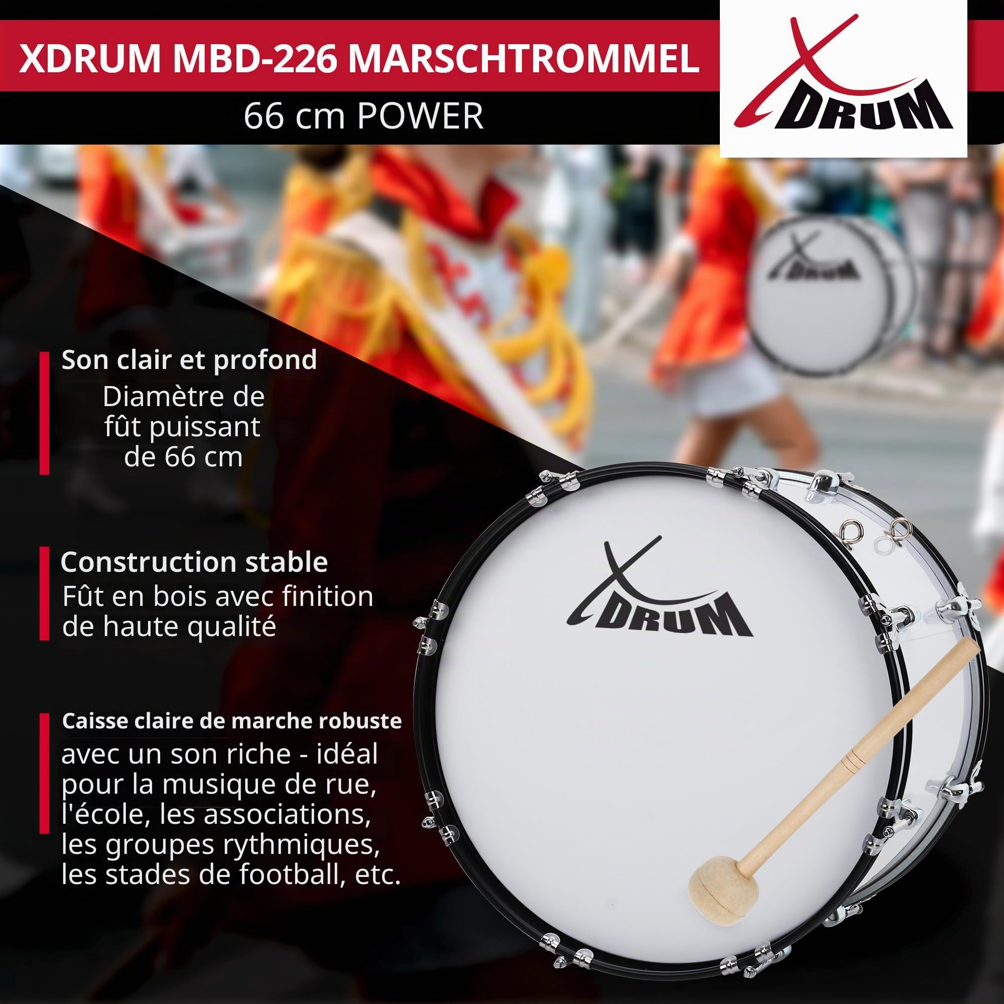 XDrum MBD-226 Grosse caisse de marche 26" x 12" — 10,5 kg, blanche. 4 œillets de fixation, 8 vis de tension par côté. Livrée avec maillets, sangles de transport et clé de tension
