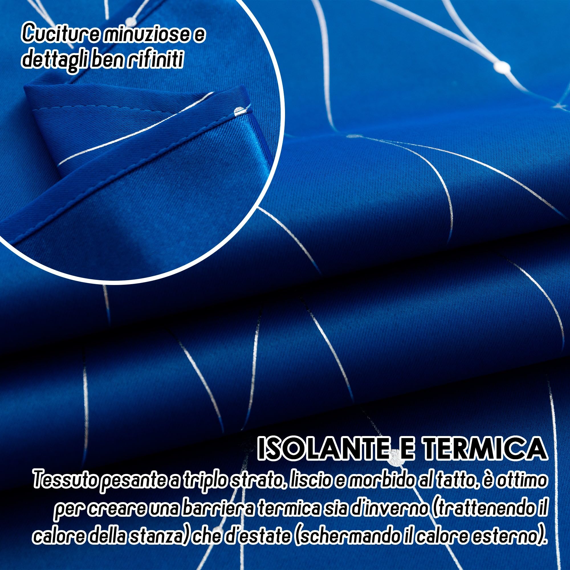 Par de cortinas opacas térmicas suaves con diseño entrelazado plateado - Cortina aislante para salón, dormitorio e interior - 2 paneles con ojales (140 x 145 cm, azul eléctrico)