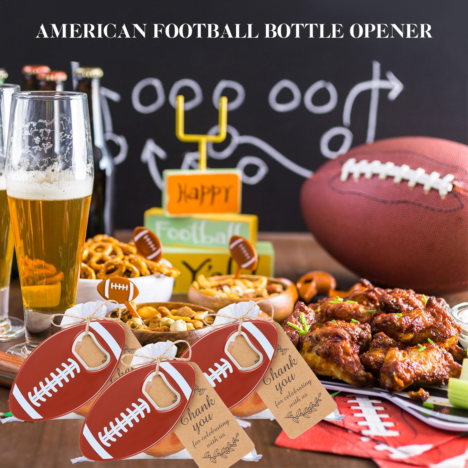 Layhit 48 Sets American Football Flaschenöffner mit Organza-Beuteln, Dankeschön-Etiketten, Fußball-Flaschenöffner, lustige Geschenke für Männer und Frauen, Sportbegeisterte, Studenten,