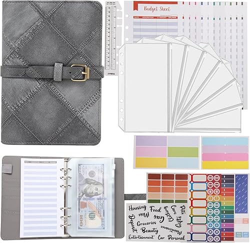 Miniatura 8 de Carpeta de presupuesto estilo denim de imitación A6, planificador de dinero con cremallera, sobres para efectivo, hoja y calcomanías para