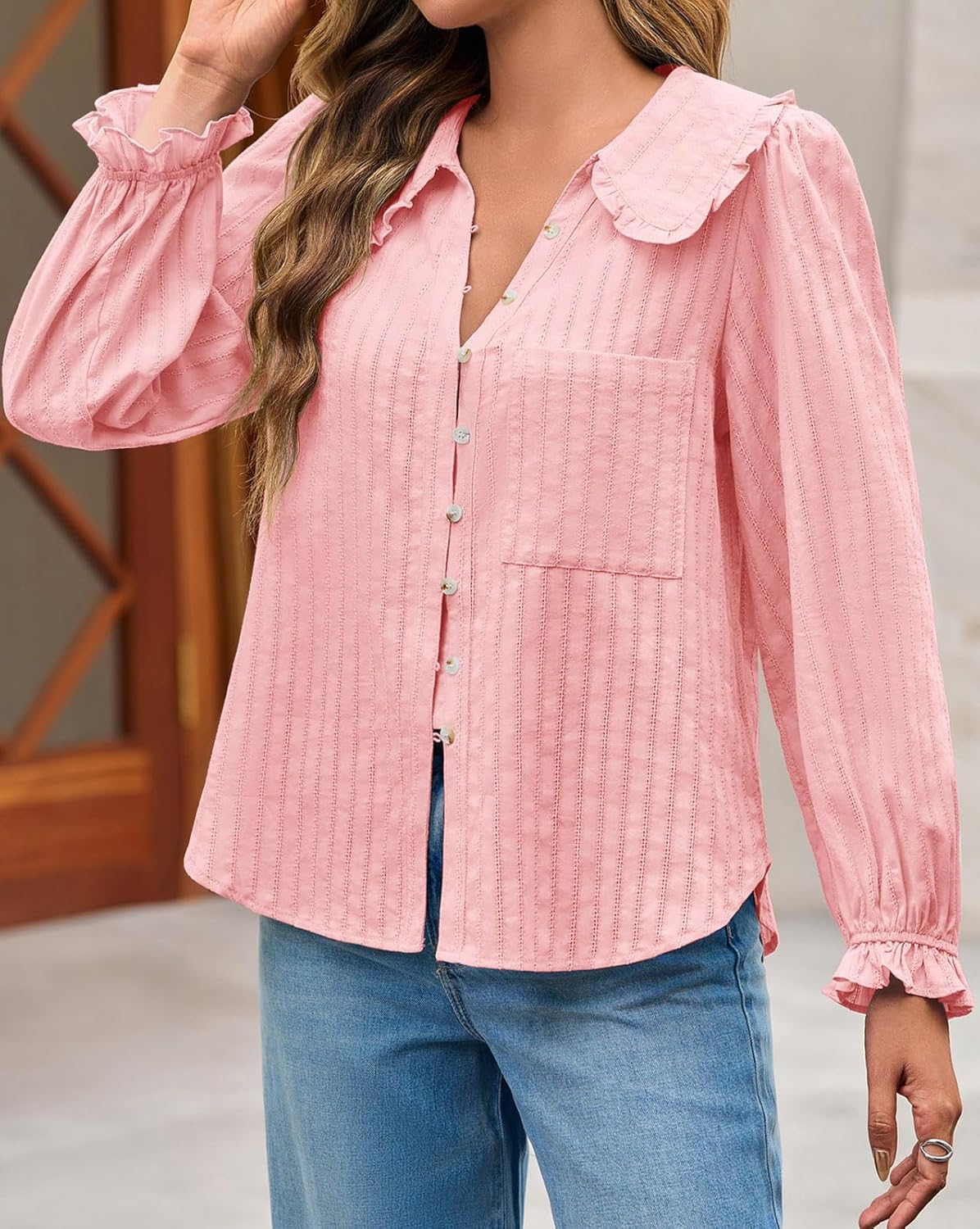 Tankaneo Womens Peter Pan Collar Shirts Puff Long Sleeve Button Down Cotton Blouse Casual Fall Textured Tops - Image 5