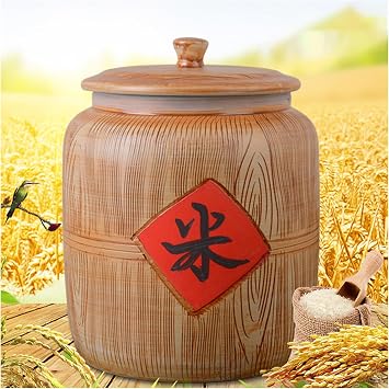 Traditional Ceramic Rice Storage Container with Lid, Large Capacity Rice Bucket Cereals Grains Sealed Jar Elegant Kitchen Decor for Food, Soybeans, Corn, Flour, Oatmeal29x36.2cm
