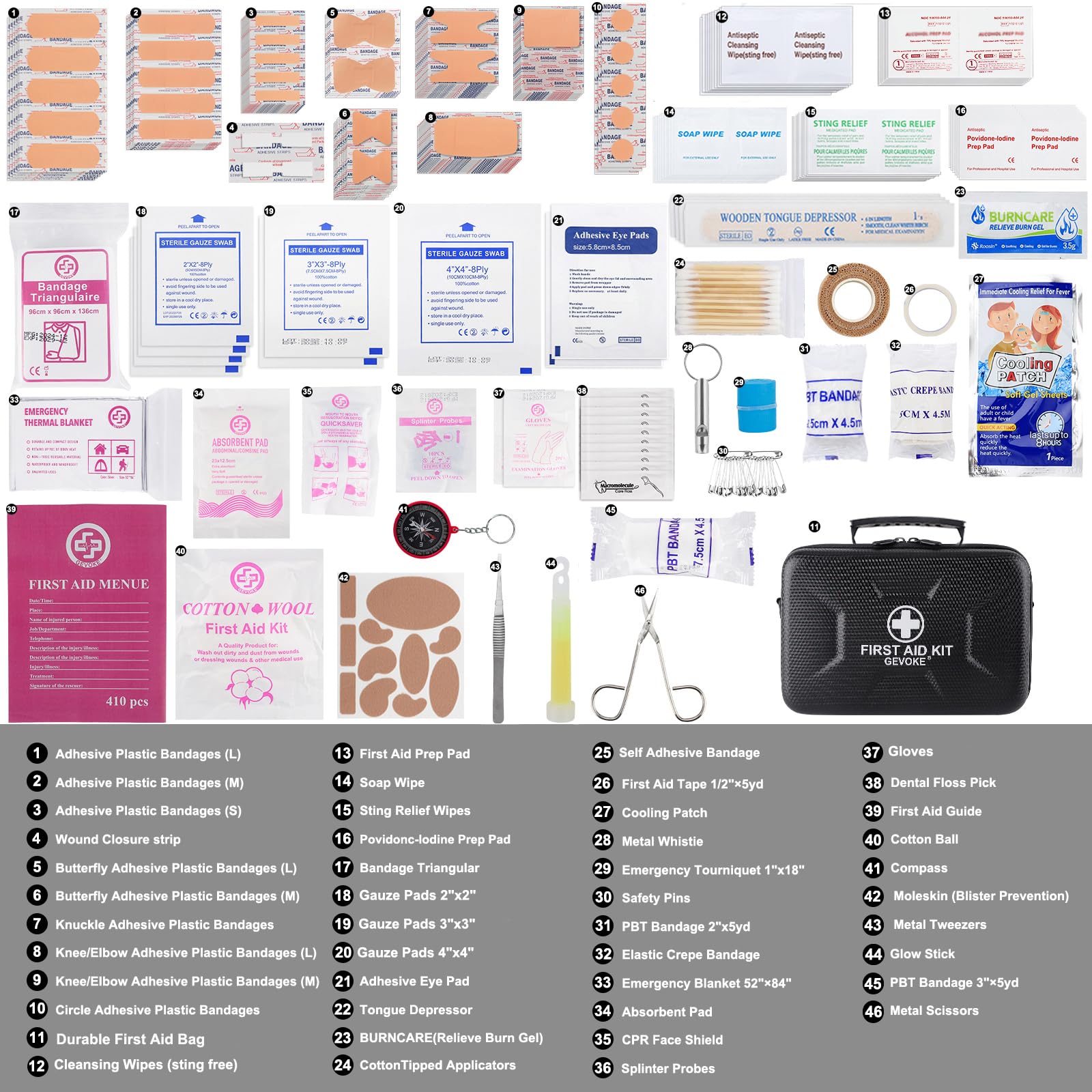 GEVOKE Kit de primeros auxilios de carcasa dura impermeable de 410 piezas para el hogar, automóvil, viajes, camping, camión, senderismo, deportes, oficina, vehículo y emergencias al aire libre - Kits
