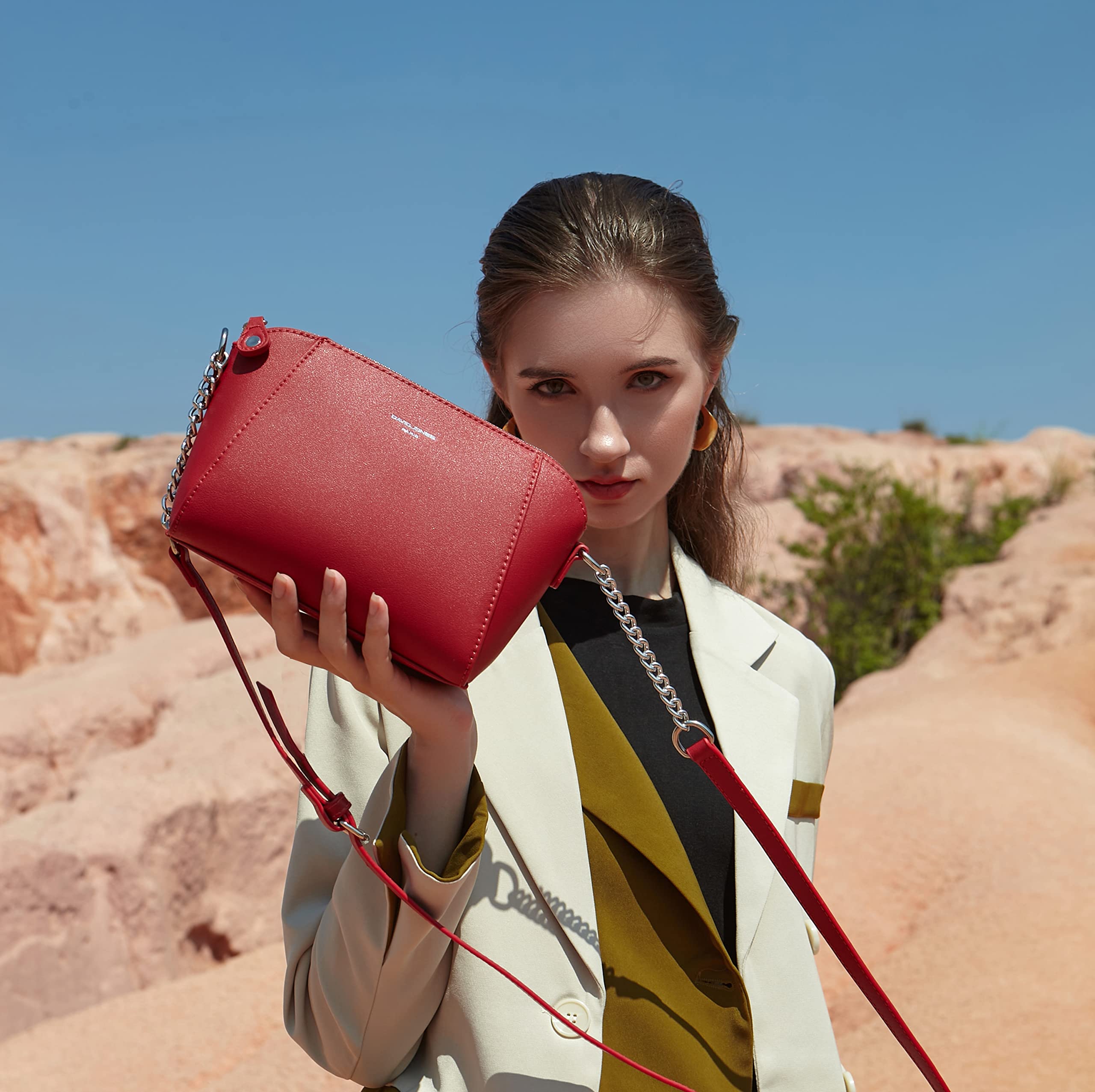 David Jones - Borsa a tracolla da donna trapezio - Borsa a catena indossata a spalla in pelle PU - Borsa a tracolla incrociata Travers Pochette da sera moda lavoro shopping elegante alla moda chic