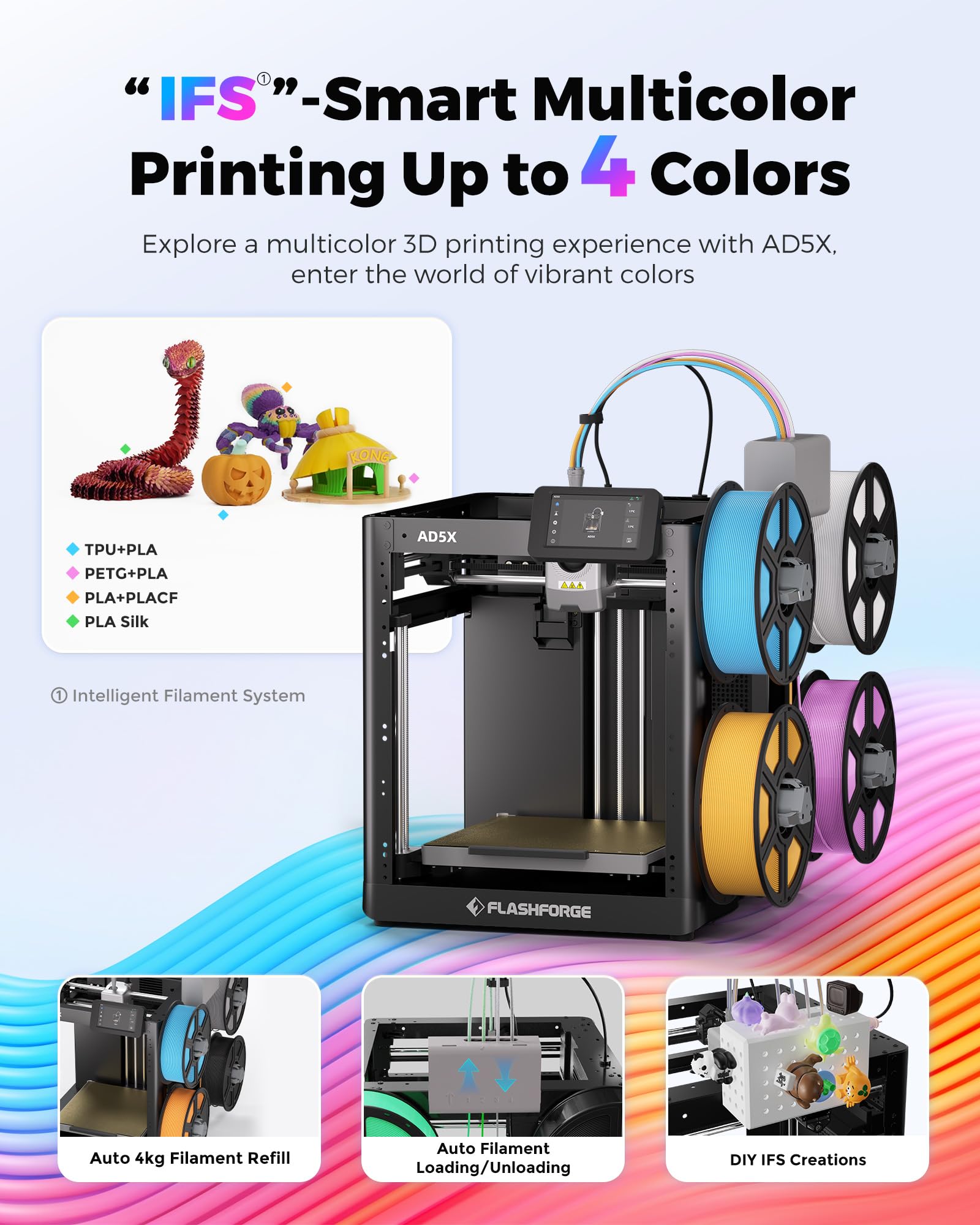FLASHFORGE AD5X drukarka 3D, inteligentna, wielokolorowa drukarka 3D z IFS, 4 kolory, wysoka prędkość 600 mm/s, automatyczne niwelowanie, wytłaczarka bezpośrednia 300°C, rozmiar druku 220 x 220 x 220