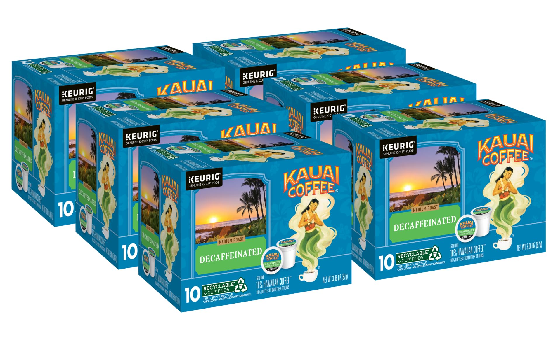 Kauai Coffee K-Cup Pods for Keurig Brewers – Arabica Coffee, 10% Hawaiian – Medium Roast, Bright Aroma with Floral Notes – Decaf, 6 Packs of 10 Single Serve K-Cups