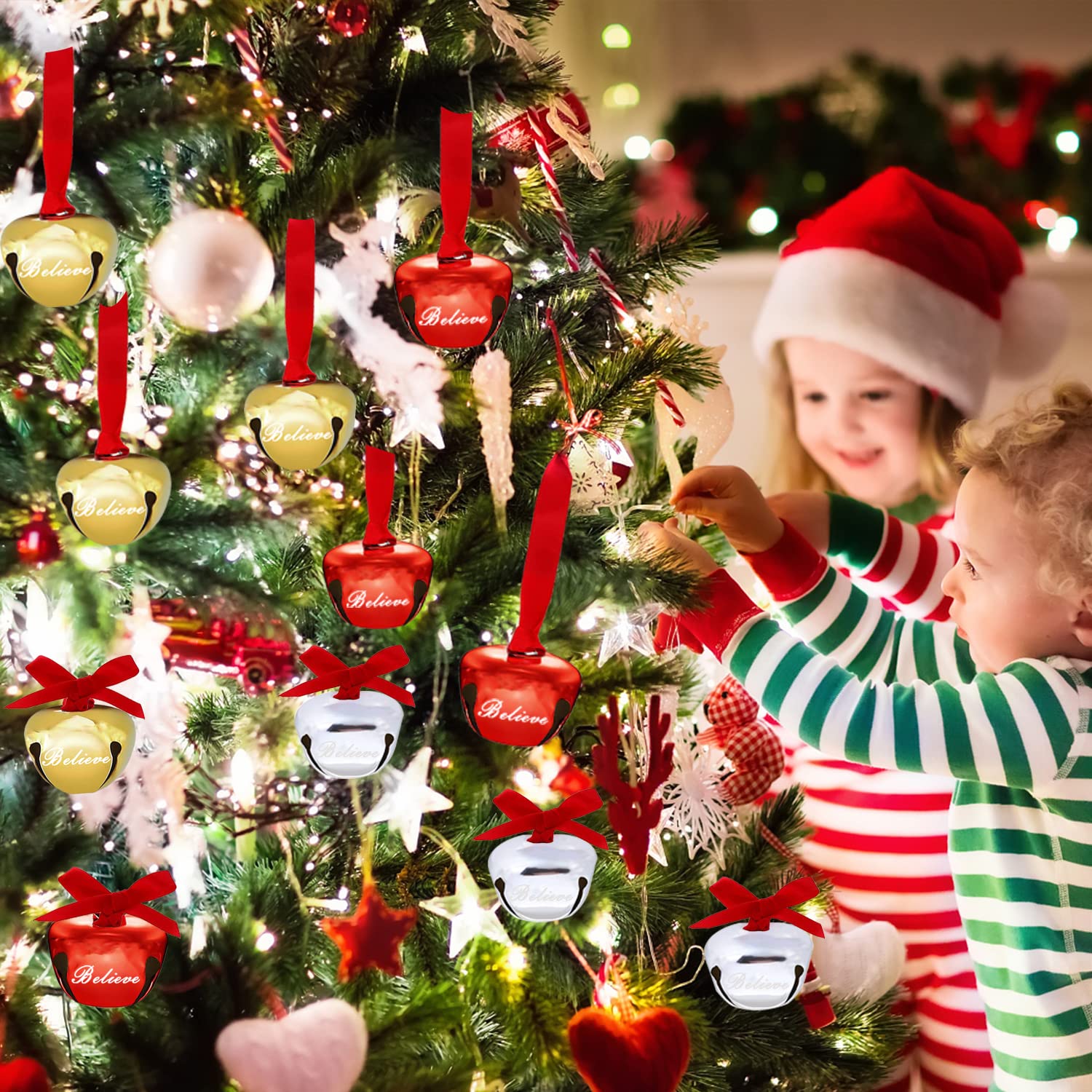 32 pezzi 3,6 pollici Believe Bells, campanelle per albero di Natale, campane Polar Express per fai da te, vacanze, artigianato, casa, decorazioni per matrimoni (oro+argento)