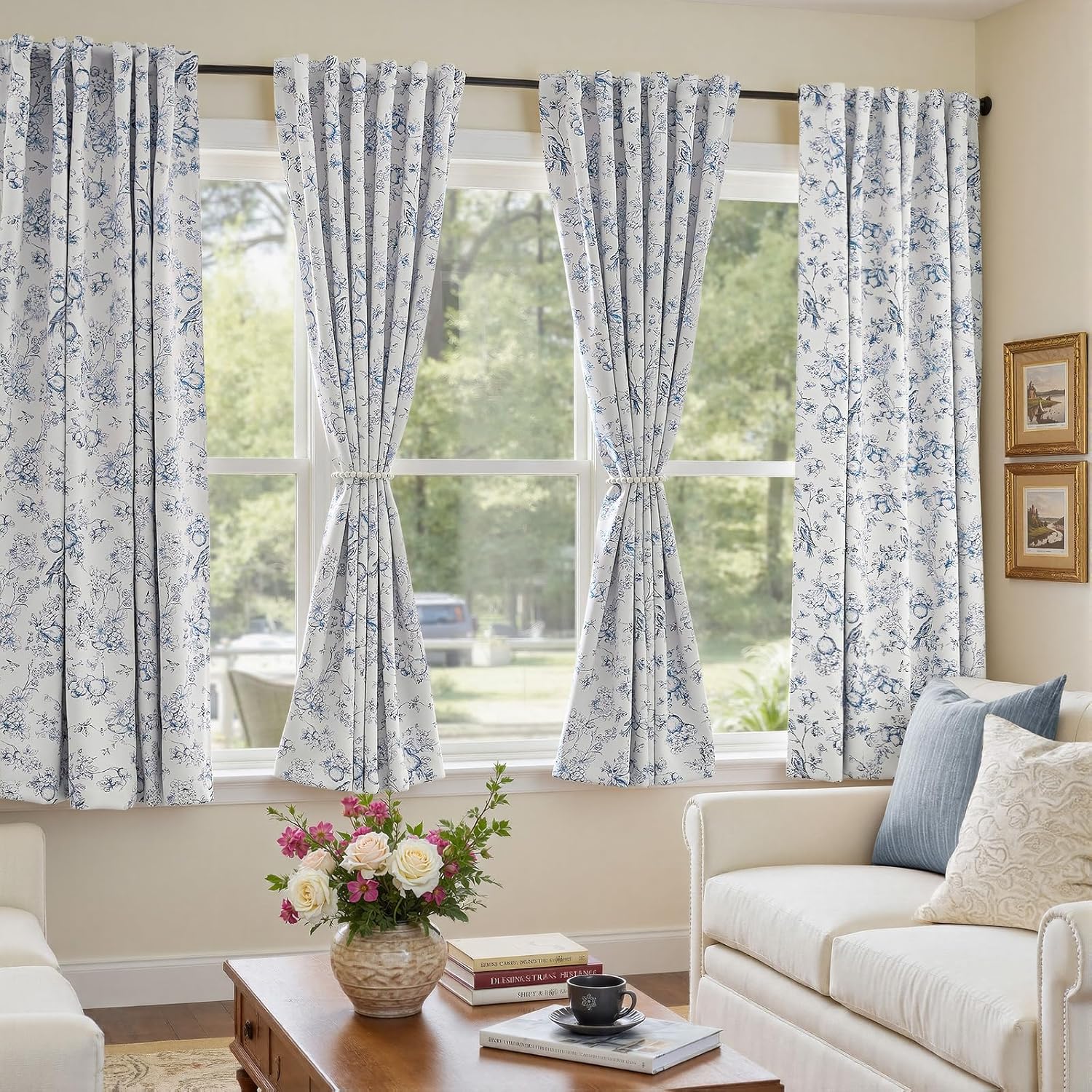 Vangao Blue 100% Blackout Curtains for Bedroom 63 Inch Length, Country Flower Floral Curtains for Living Room Toile Cottagecore Thermal Insulated Window Drapes, 2 Panels Blue and White - Image 3