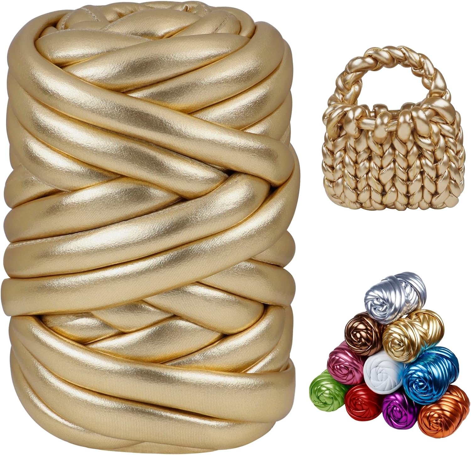 JeogYong Metallic Chunky Yarn for Hand Knitting, 1.1lb/26 Yards Arm Knitting Giant Tube Yarn for Bags, Baskets, Home Decor, DIY Crafts (Champagne Gold)