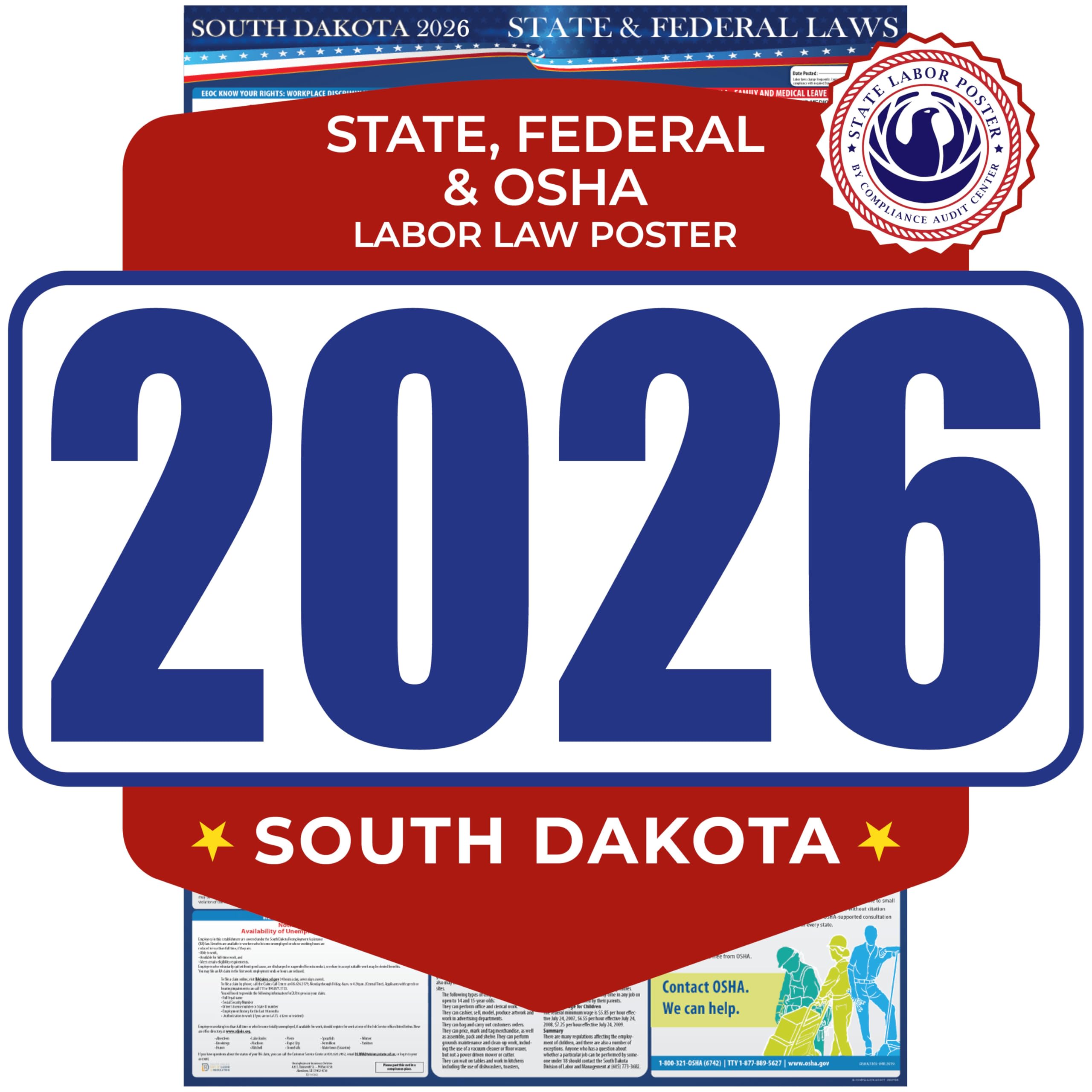 2026 South Dakota State and Federal Labor Law Poster - OSHA Workplace Compliant - Mandatory Regulations Posting for Employees - All-In-One Required