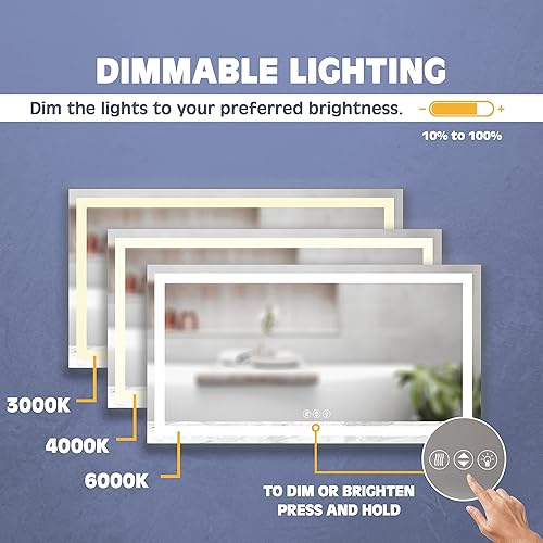 Miniatura 6 de Prominence Home Espejo LED de lujo para bañopared con luz delantera y trasera, antiniebla, resistente a los golpes y ajustes de luz ajustables, 48 x