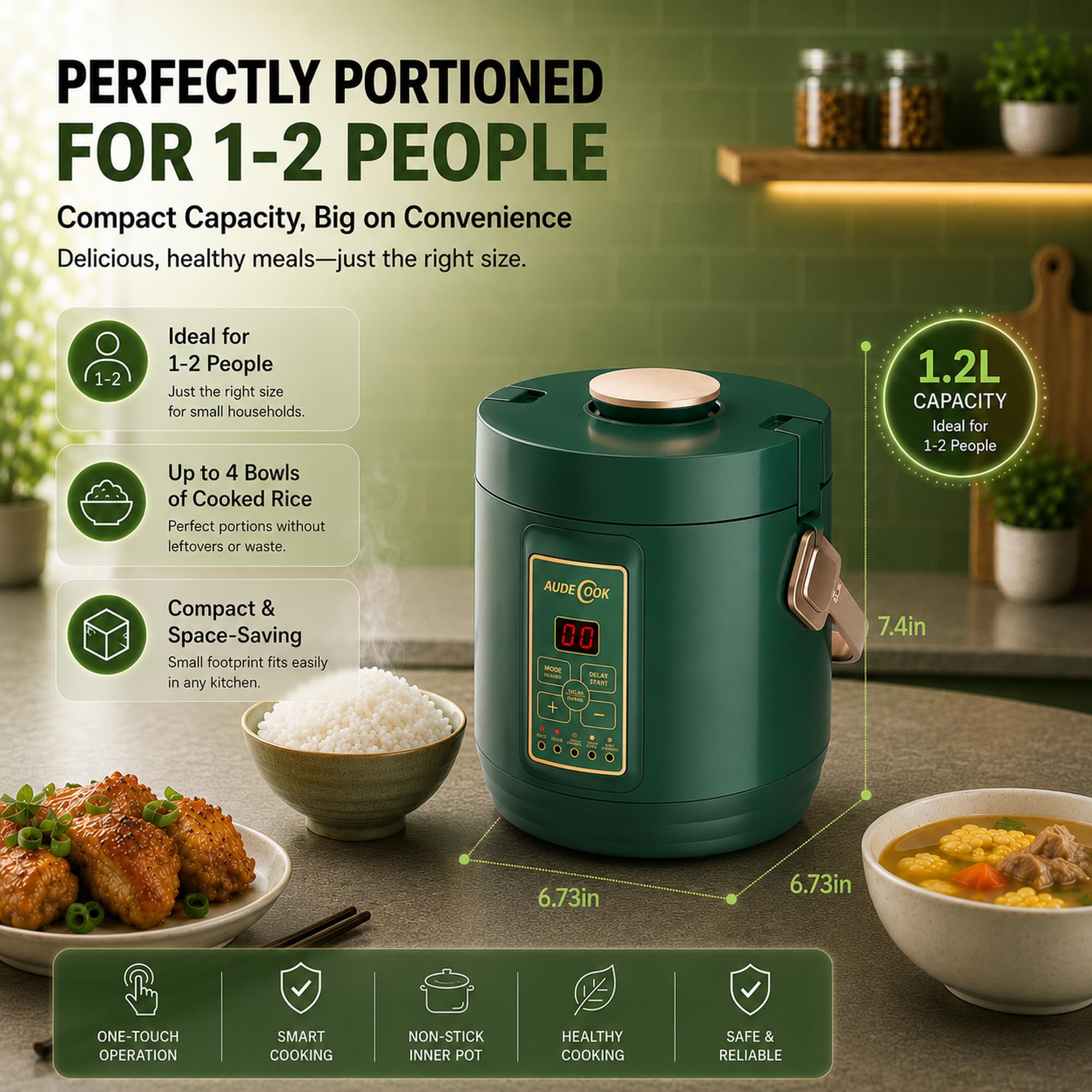 Audecook Cuociriso Elettrico 1.2L con Funzione di Low Sugar e Vaporiera Per 1-2 Persone, 5 Programmi Multicooker, Pentola Rice Cooker Mini con Funzione di Mantenimento In Caldo, Timer (Verde)