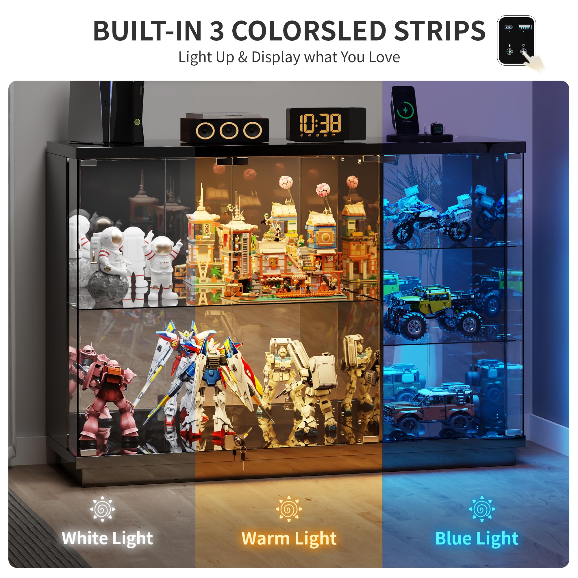 Guerxl Vitrina con Iluminación LED Y Función de Carga para Salón,120 CM Largo Vitrinas de Crista con Sensores Inteligentes Y Estantes de Vidrio Extraíbles para Oficina Personal,Coleccionables,Negro