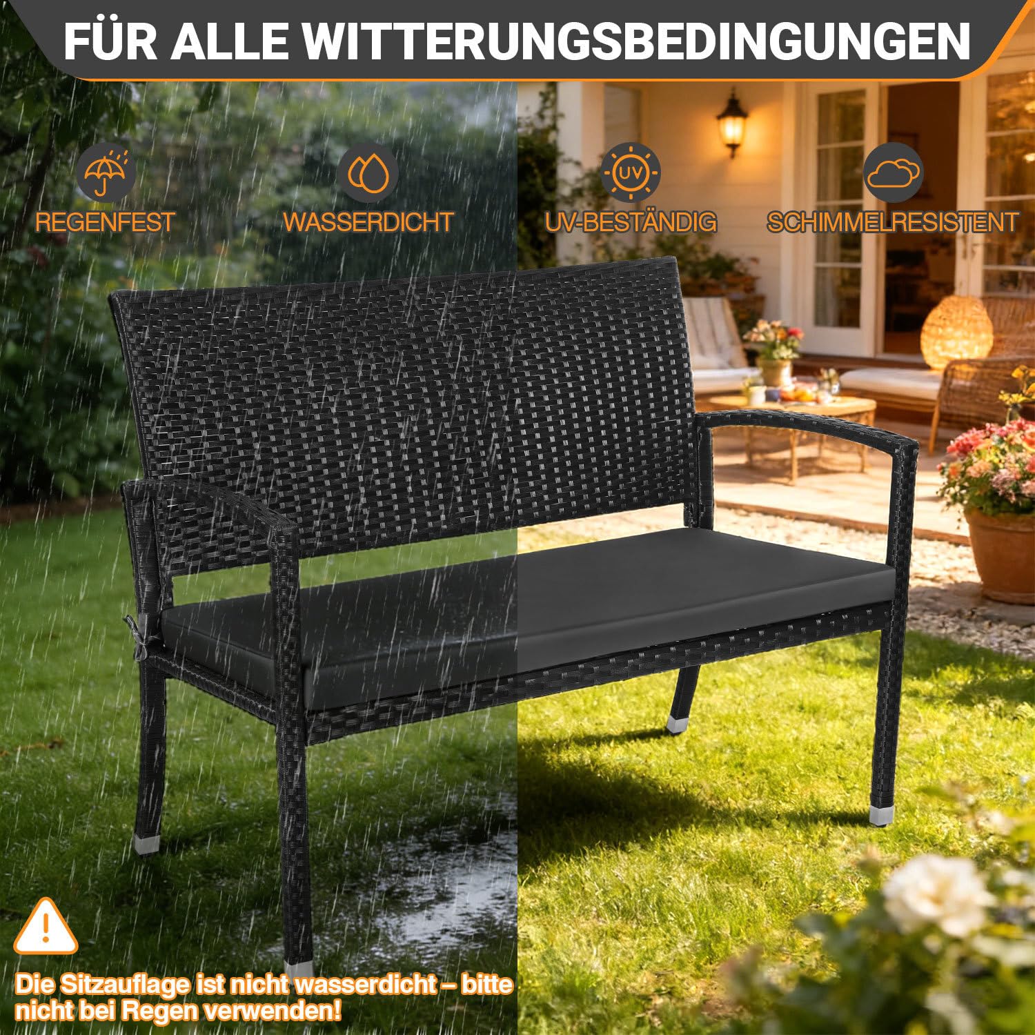 Gartenbank Polyrattan wetterfest mit Kissen, 2-Sitzer Balkonbank bis 227 kg belastbar, 112 x 58 x 90 cm, outdoor bank mit Rückenlehne und Armlehnen,Sitzbank für Balkon und Terrasse，Schwarz