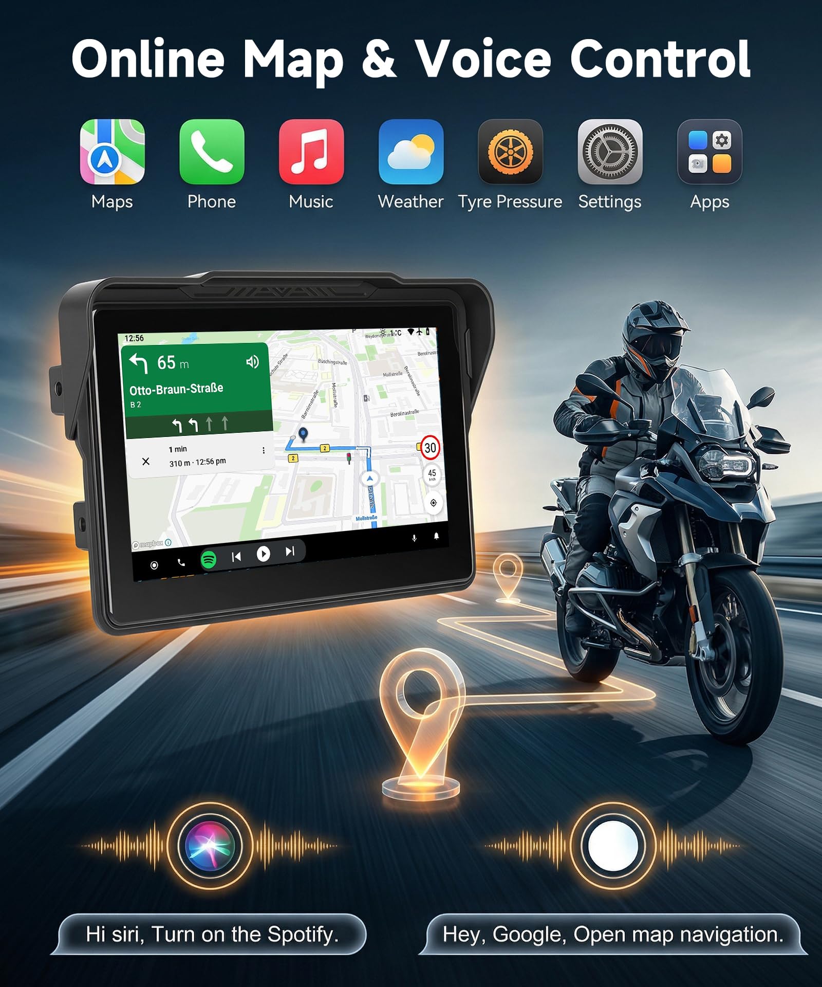 Rimoody Wireless Carplay Display Motociclo Android Auto, 7 Pollici Touchscreen Car play Autoradio Portatile per Motorbike, CarPlay Monitor per Moto Bluetooth/IP68 Impermeabile/Controllo Vocale/Navi
