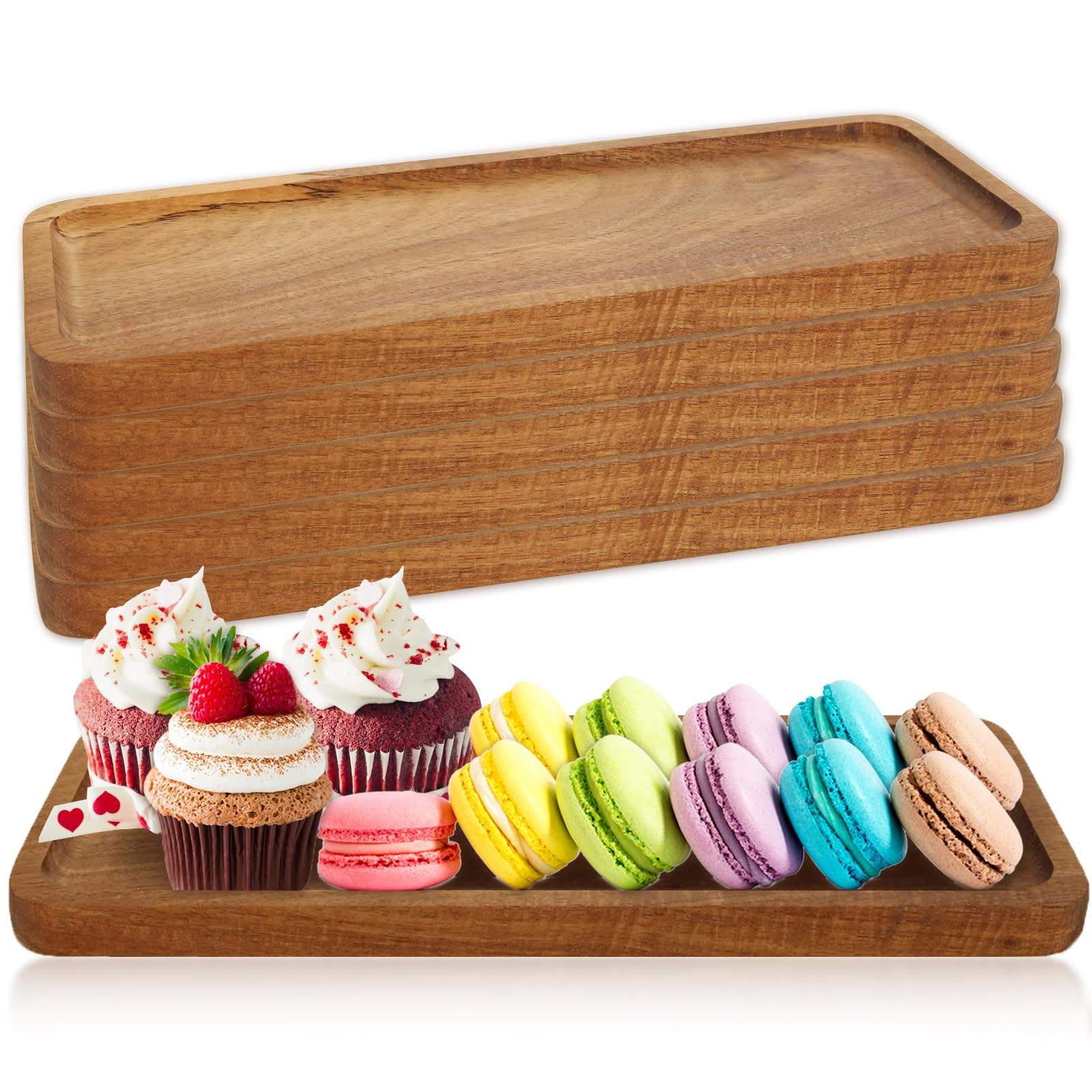 WOPPLXY Lot de 6 plateaux de service rectangulaires en bois d'acacia - 28 x 10 cm - Pour nourriture, apéritif, décoration