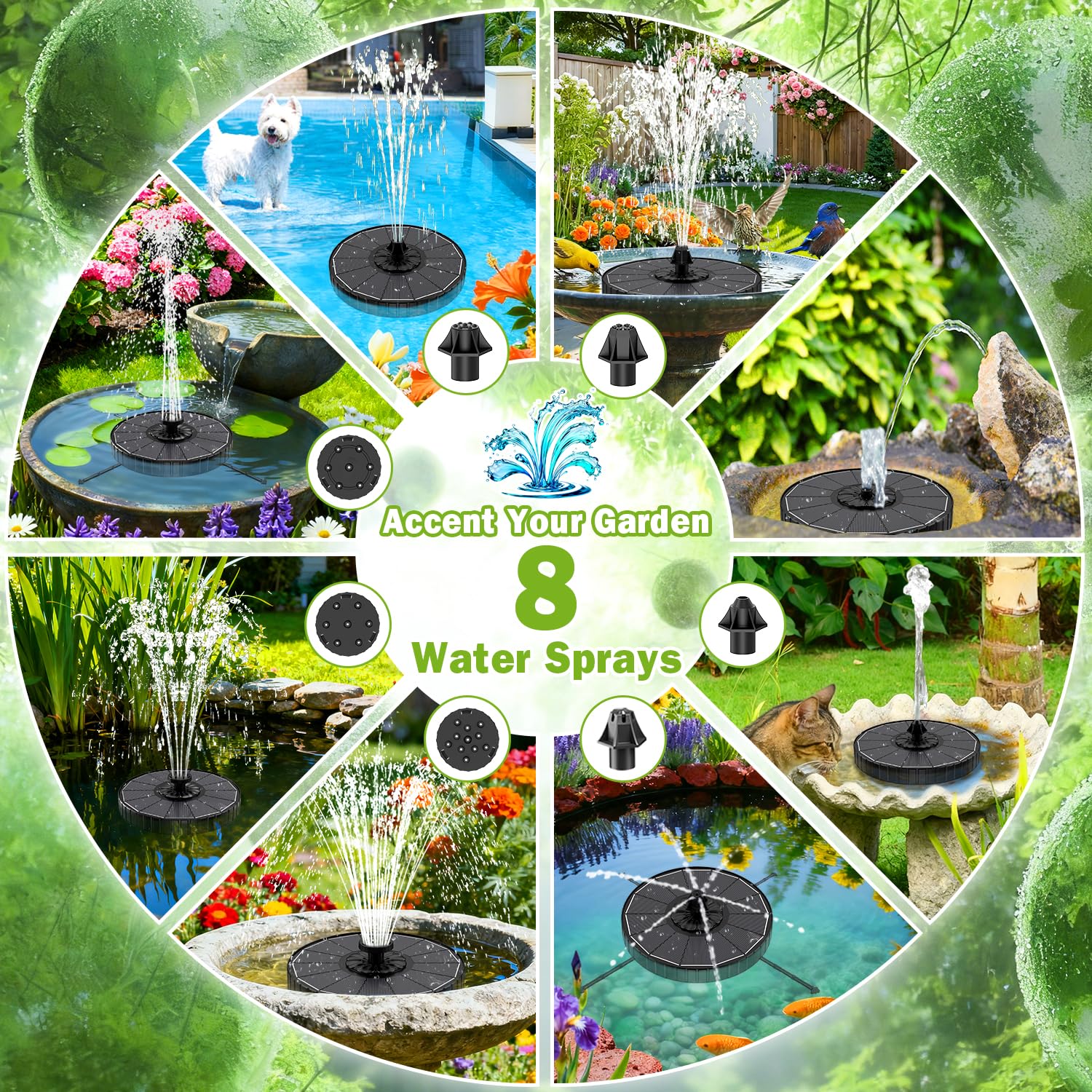 SZMP Solar Fountain with 3 Spray Height, 3.5W Glass Solar Bird Bath Fountain with 4 Adjustable Rotating Rods, and 8 Nozzles, Outdoor Solar Water Fountain Pump for Bird Bath, Garden, Pool, Pond — view 3