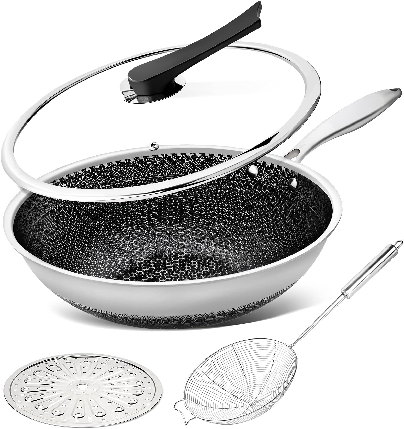 Wok Pan with Lid, 12 Inch Stainless Steel Wok with Spider Strainer and Steaming Rack, Honeycomb & Stir-fry Pans Flat Bottom Wok Induction Compatible, Dishwasher and Oven Safe