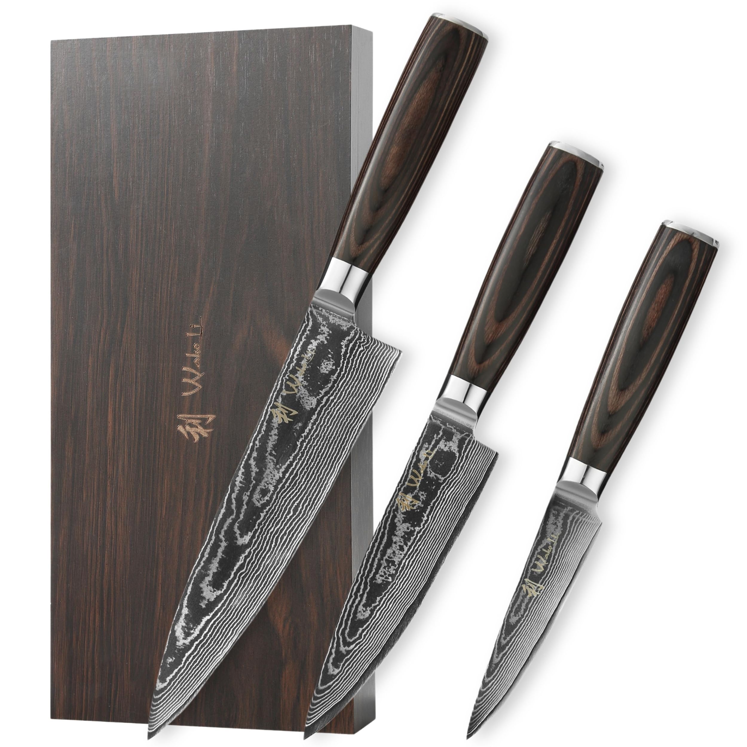 Wakoli EDIB Essentials 3er Messerset aus 67 Lagen Damaststahl mit VG10-Kern | Chefmesser, kleines Chefmesser und Officemesser; Pakkaholzgriffe, Holzbox, 60 ± 2 HRC, für Fleisch, Fisch, Gemüse und Obst