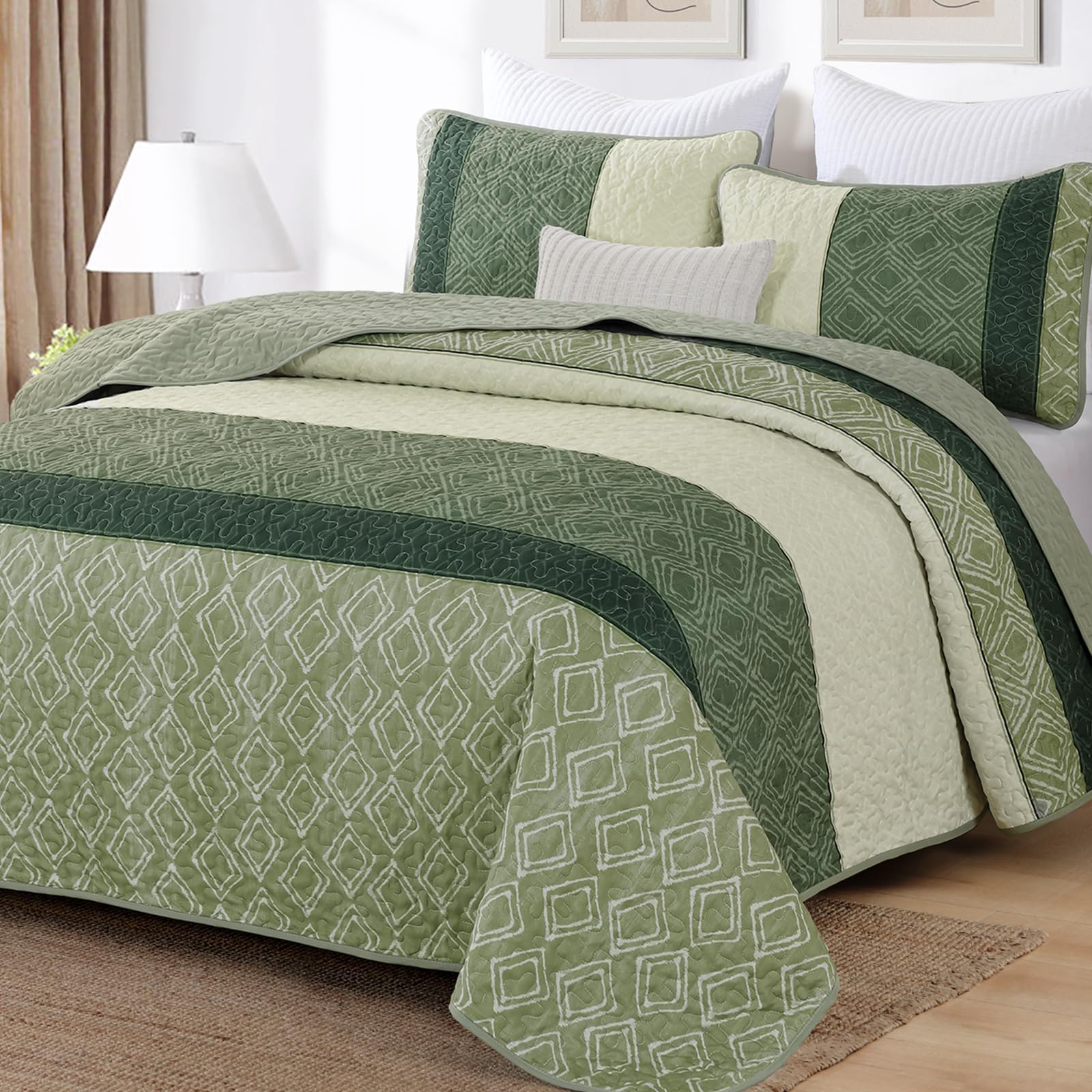 Cottolester Boho Quilt Set Twin Size,2 Pieces Green Striped Patchwork Bedspread Coverlet for Men Women, Lightweight Microfiber Summer Quilt Bedding for All Season 68"x86"
