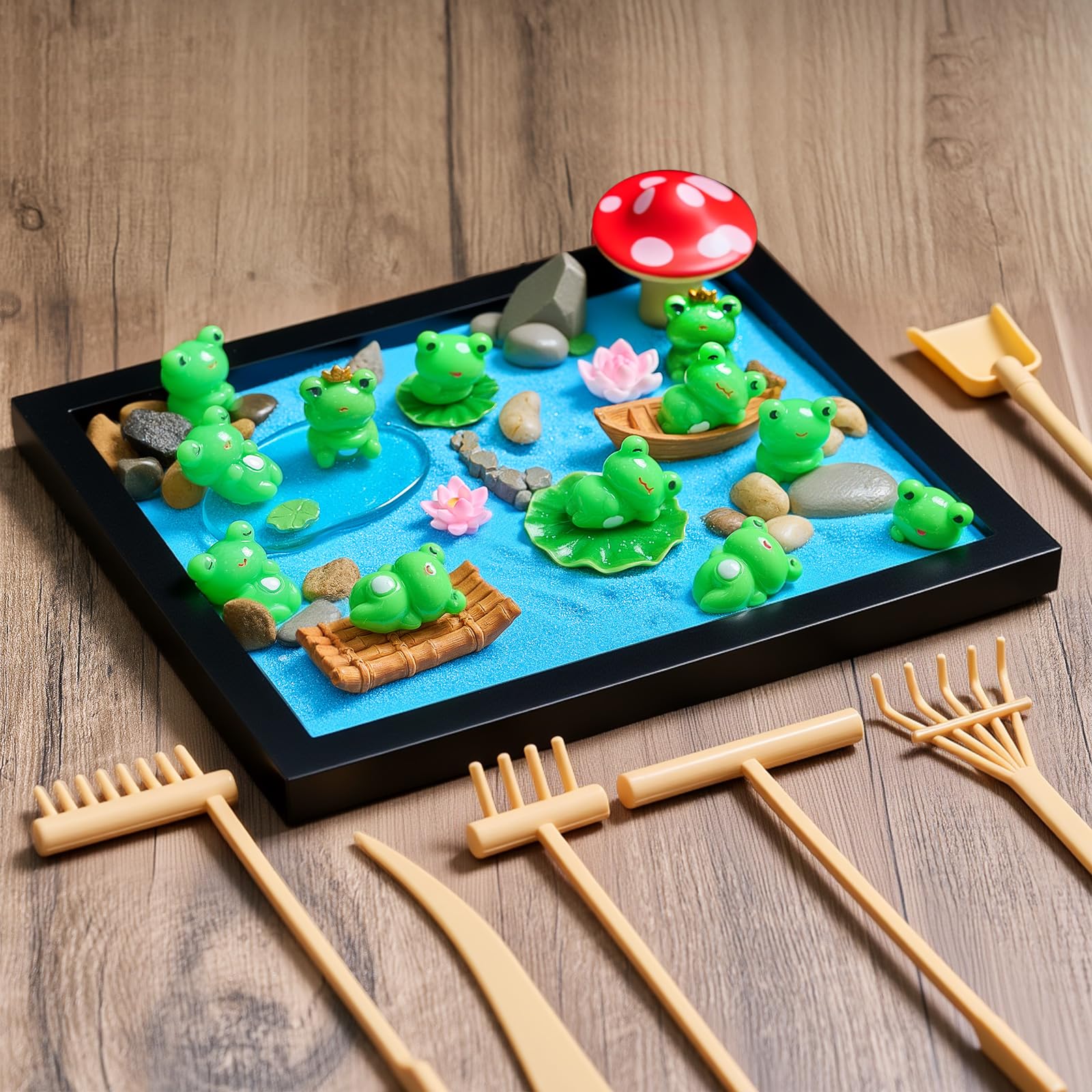 Soulchen Zen Garden Kit for Table Decor Christmas Sand Zen Garden Gifts Mini Sandbox Set with Black Wooden Tray, Sand, Tools &amp; Accessories Japanese Gifts for Meditation Room Office Home