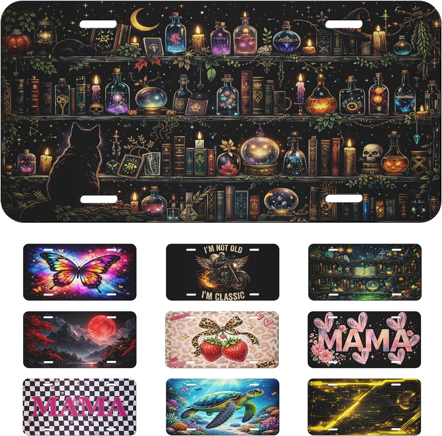 Fantasy Front License Plate Enchanted Cat Spellbook Potion Candle Car Vanity Plates Decorative Aluminum Metal Cute Novelty License Plate Cover with 4 Holes for Men Women 6" X 12"