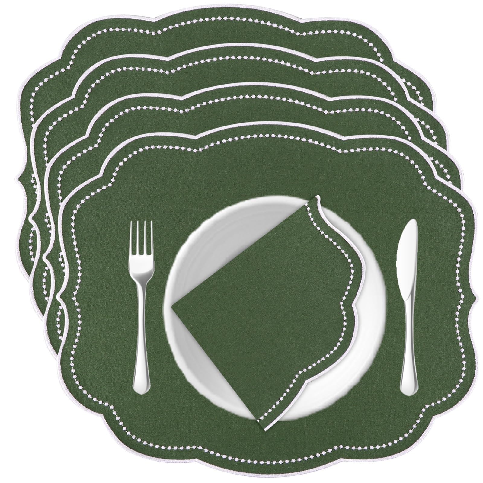 Place Mats for Table 4PCS Thick Cotton And Linen Embroidered Placemats For Wedding Party Birthday Dinner Tea Towel Table Rustic Christmas Napkins(Deep green)