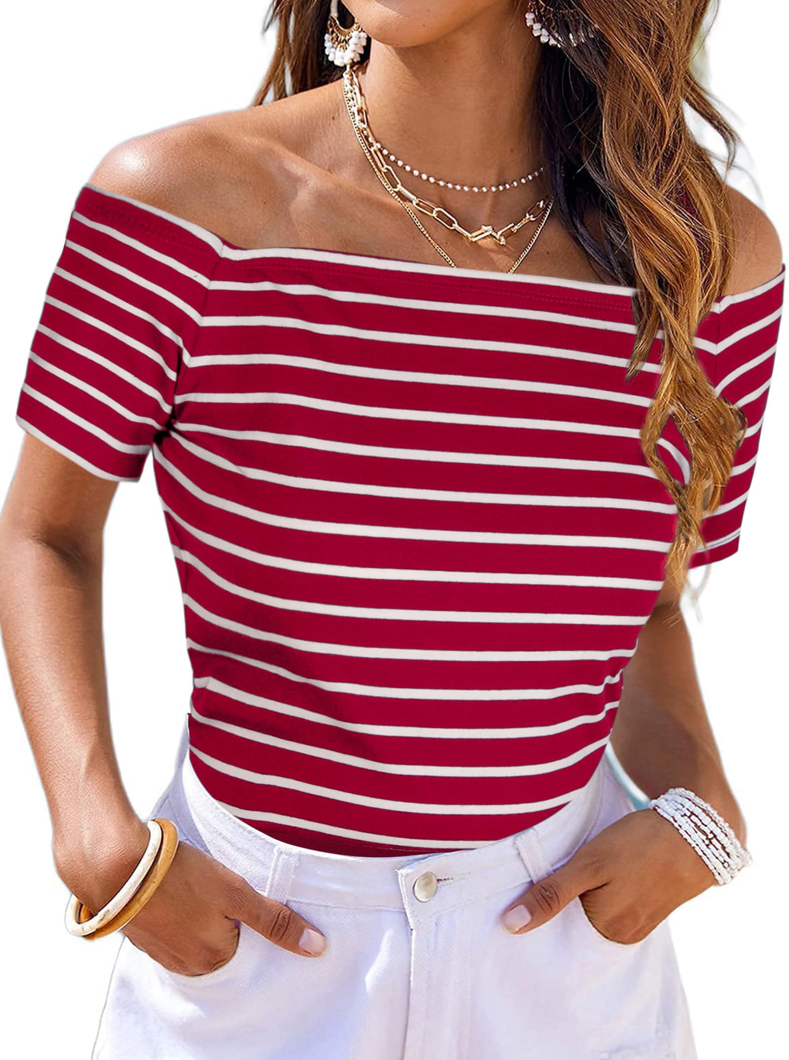 LilyCoco Striped Off The Shoulder Tops for Women Short Sleeve Sexy Fitted Pirate Shirt