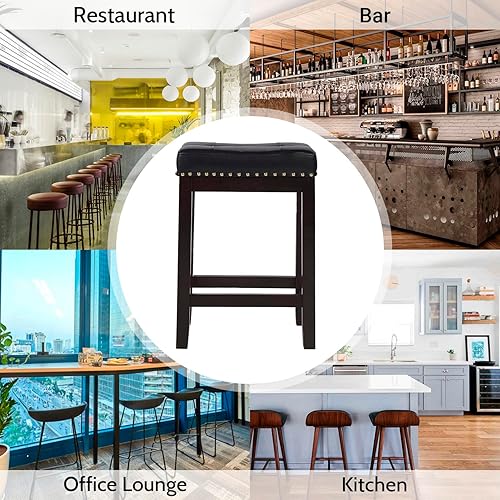 Miniatura 7 de PayLessHere Juego de 2 taburetes de bar de piel sintética para encimera de cocina, taburete de madera maciza de 24 pulgadas de altura