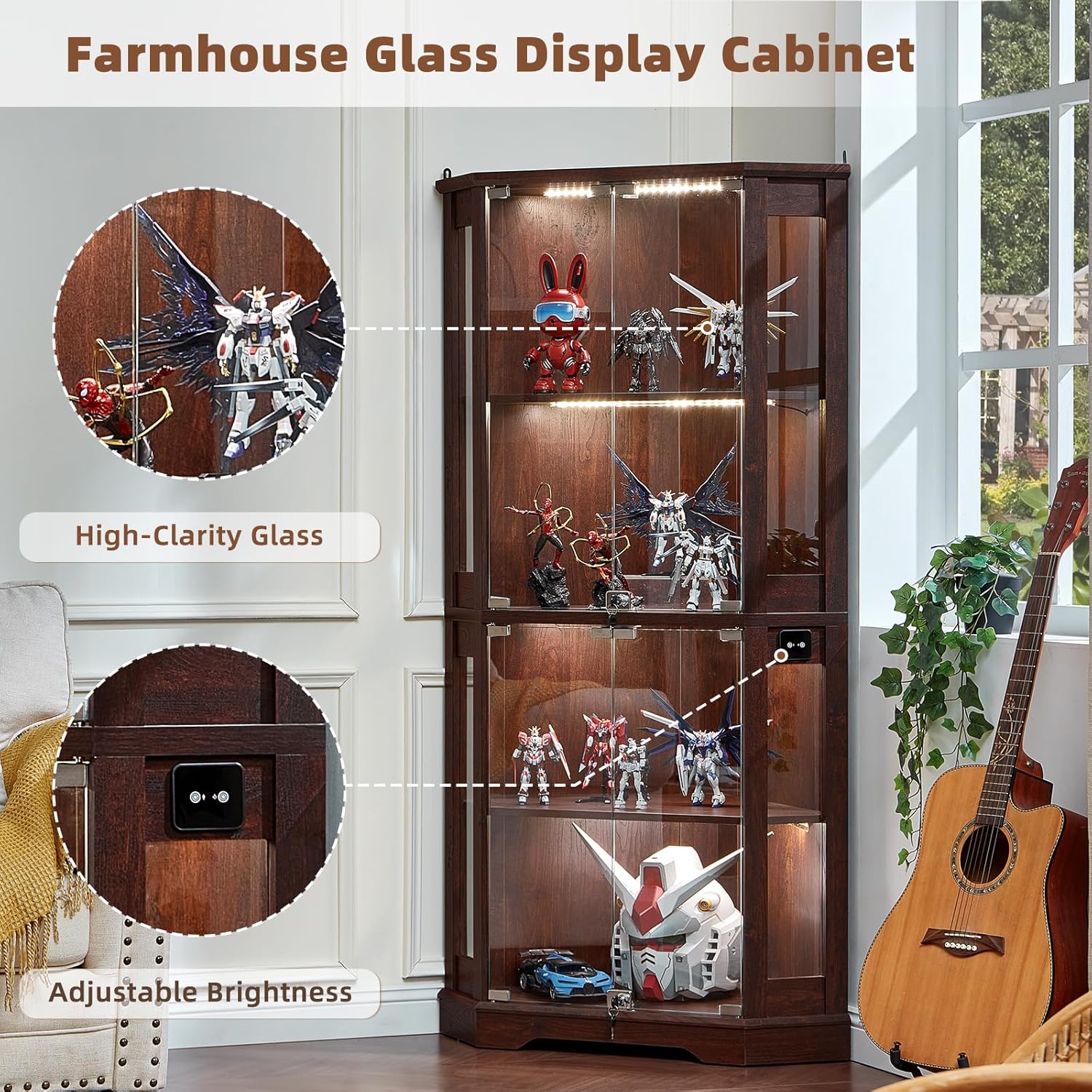 LELELINKY Farmhouse Corner Display Cabinet with Glass Doors, Corner Curio Cabinet with 3-Color LED Motion-Sensor Light, Walnut