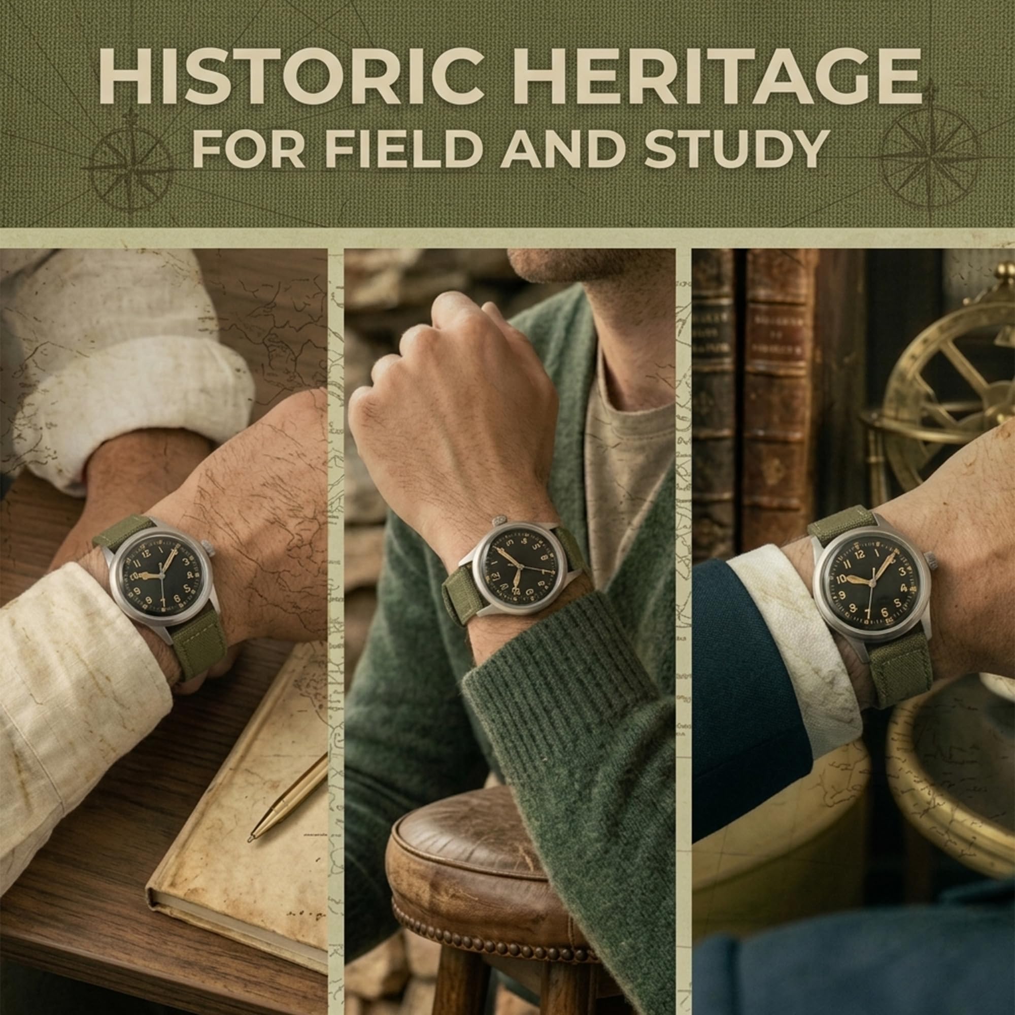 PRAESIDUS | 𝗔-𝟭𝟭 𝗦𝗲𝗿𝘃𝗶𝗰𝗲 𝗪𝗮𝘁𝗰𝗵 - Orologi da Polso da Uomo Militari - Quadrante Bianco da 38 mm e Cinturino in Tela Verde, Assemblato negli USA, Automatico
