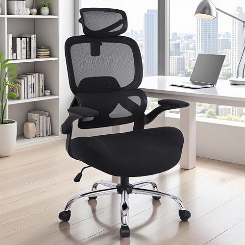 Miniatura 9 de Silla de oficina ergonómica de malla, silla de escritorio grande y alta con asiento de espuma gruesa de 5 pulgadas, soporte lumbar ajustable, silla