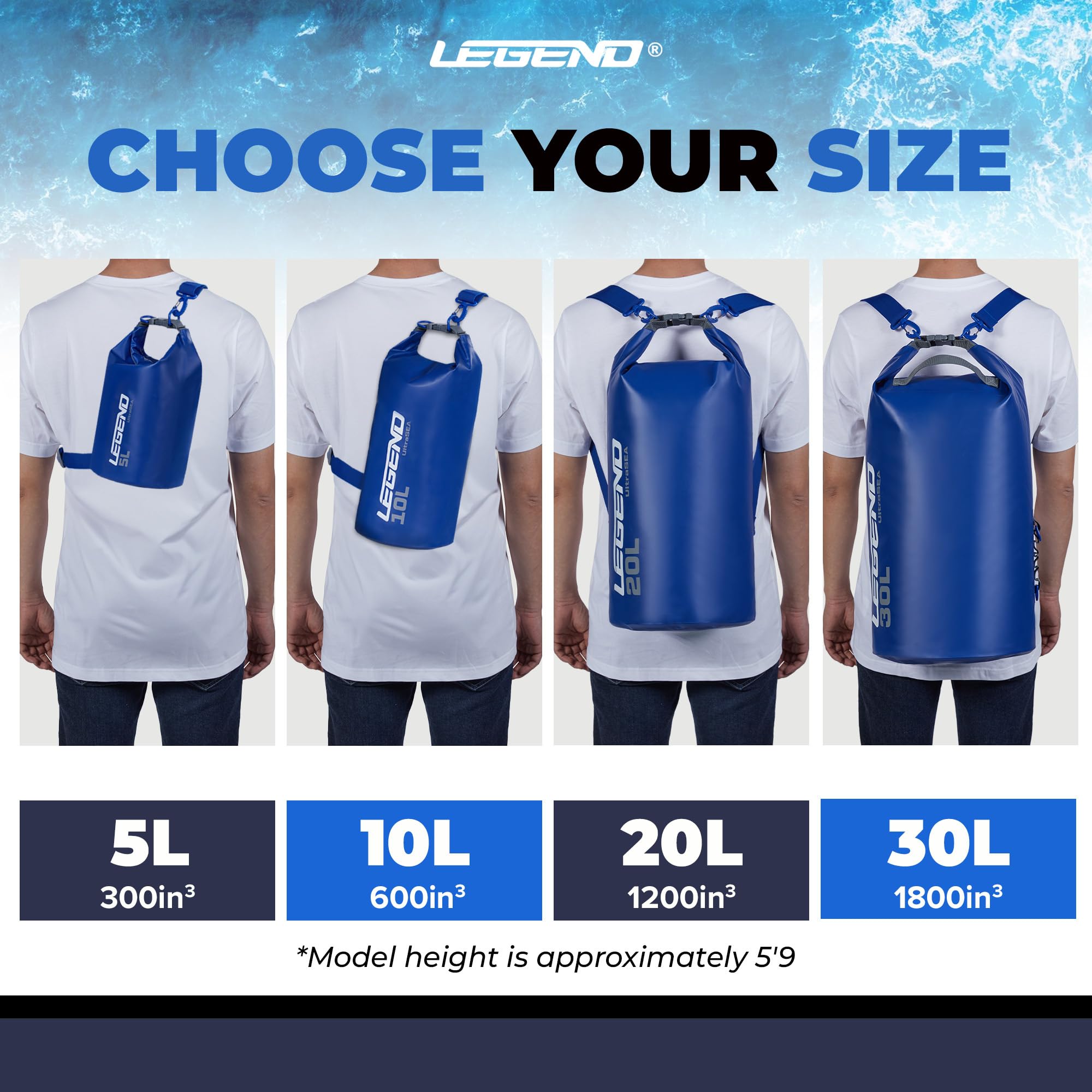 Legend UltraSEA Marine Dry Bag - Borsa impermeabile da 10 l, ideale per kayak, canottaggio, canoa, rafting, escursionismo e campeggio, borsa galleggiante da uomo, mantiene la tua attrezzatura asciutta