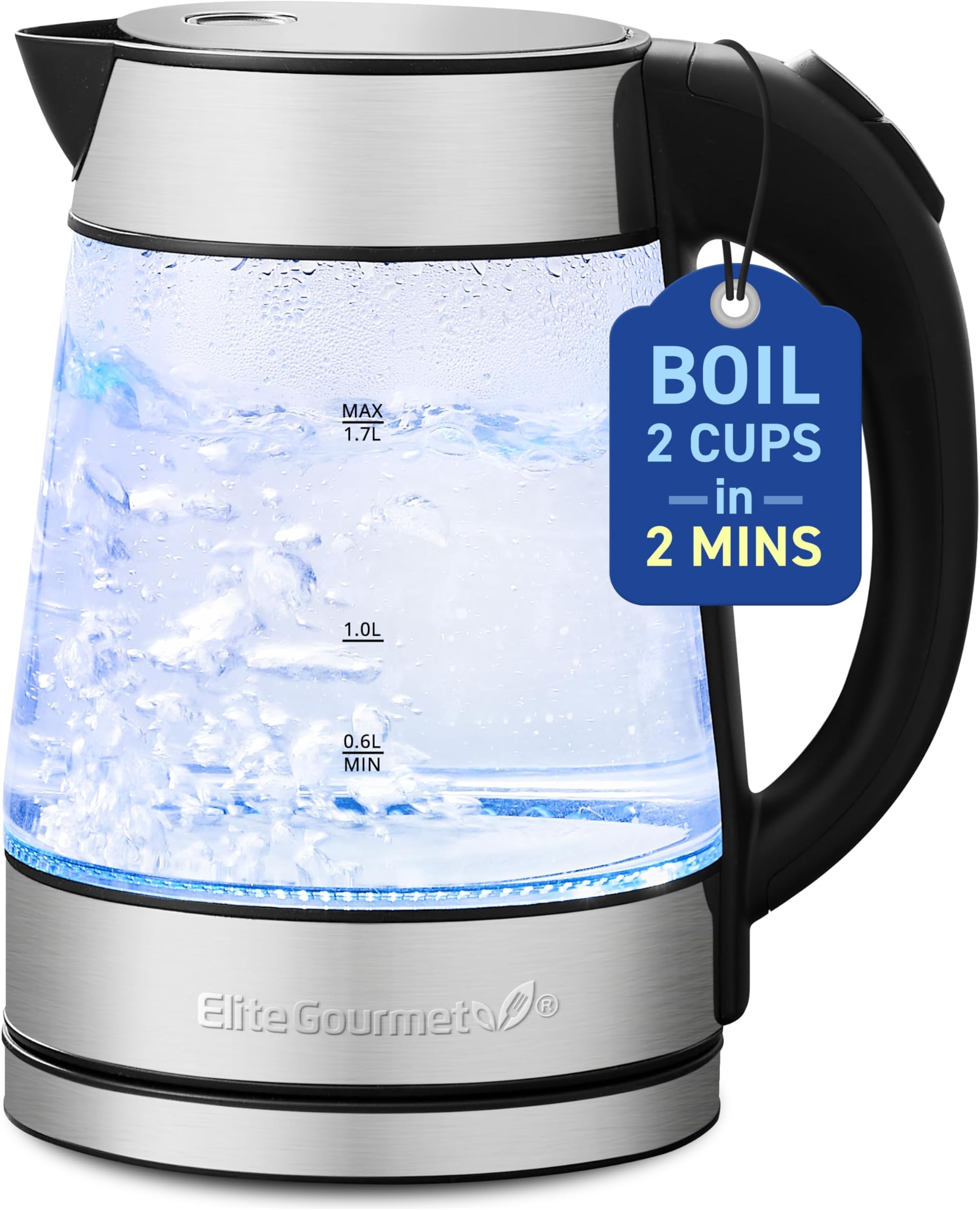 EKT-602 Electric BPA-Free Glass Kettle, Cordless 360° Base, Stylish Blue LED Interior, Handy Auto Shut-Off Function – Quickly Boil Water For Tea & More