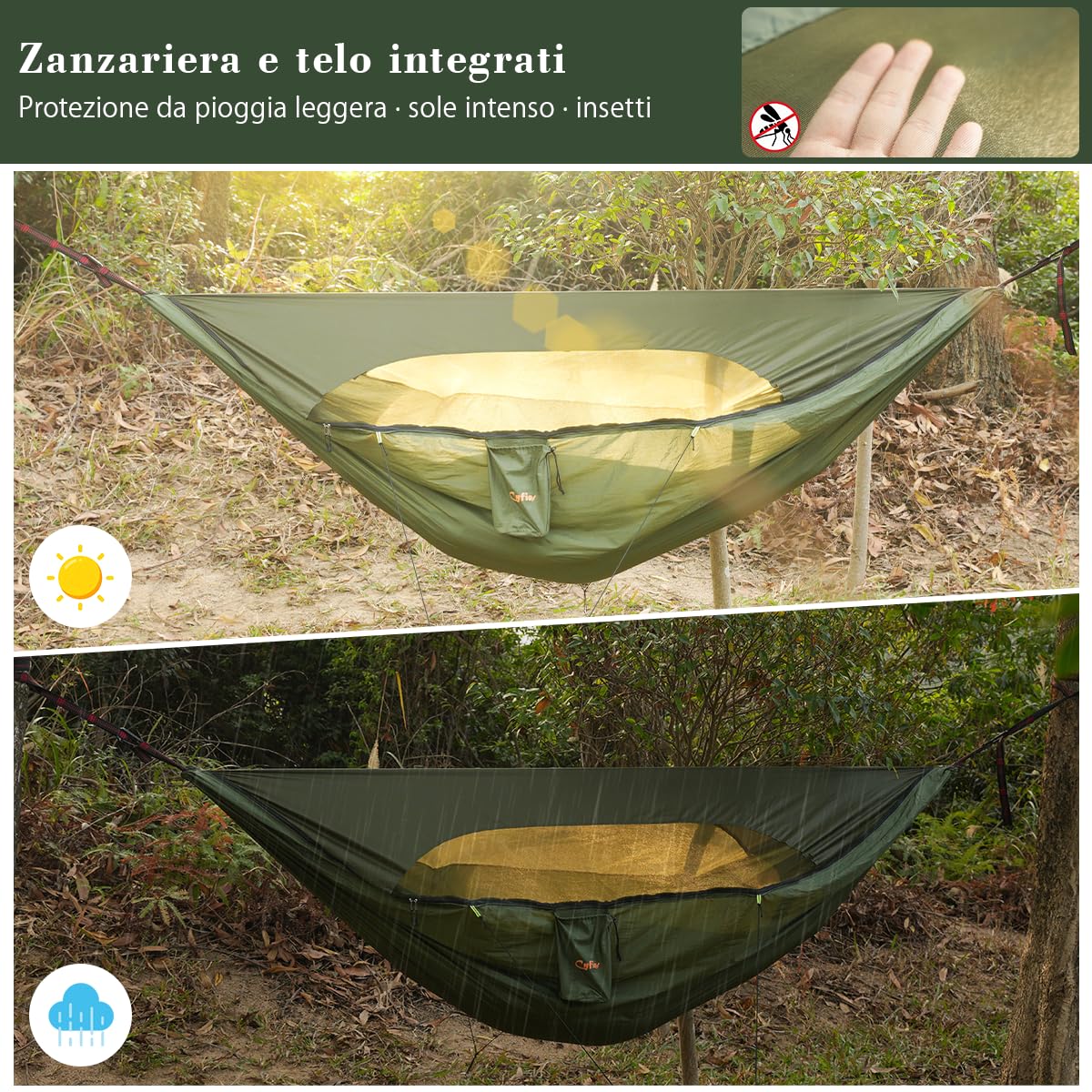 CYFIE Amaca da campeggio con zanzariera e telo parasole - amaca leggera e portatile da trekking - 290 x 140 cm, portata massima 200 kg, per esterni, cortile e campeggio