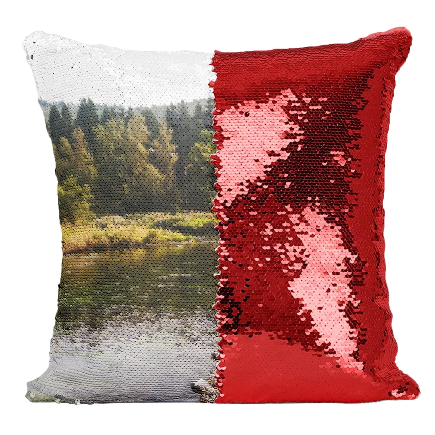 Coussin paillettes rouge rivière sauvage pour créer un coin lecture apaisant à la maison