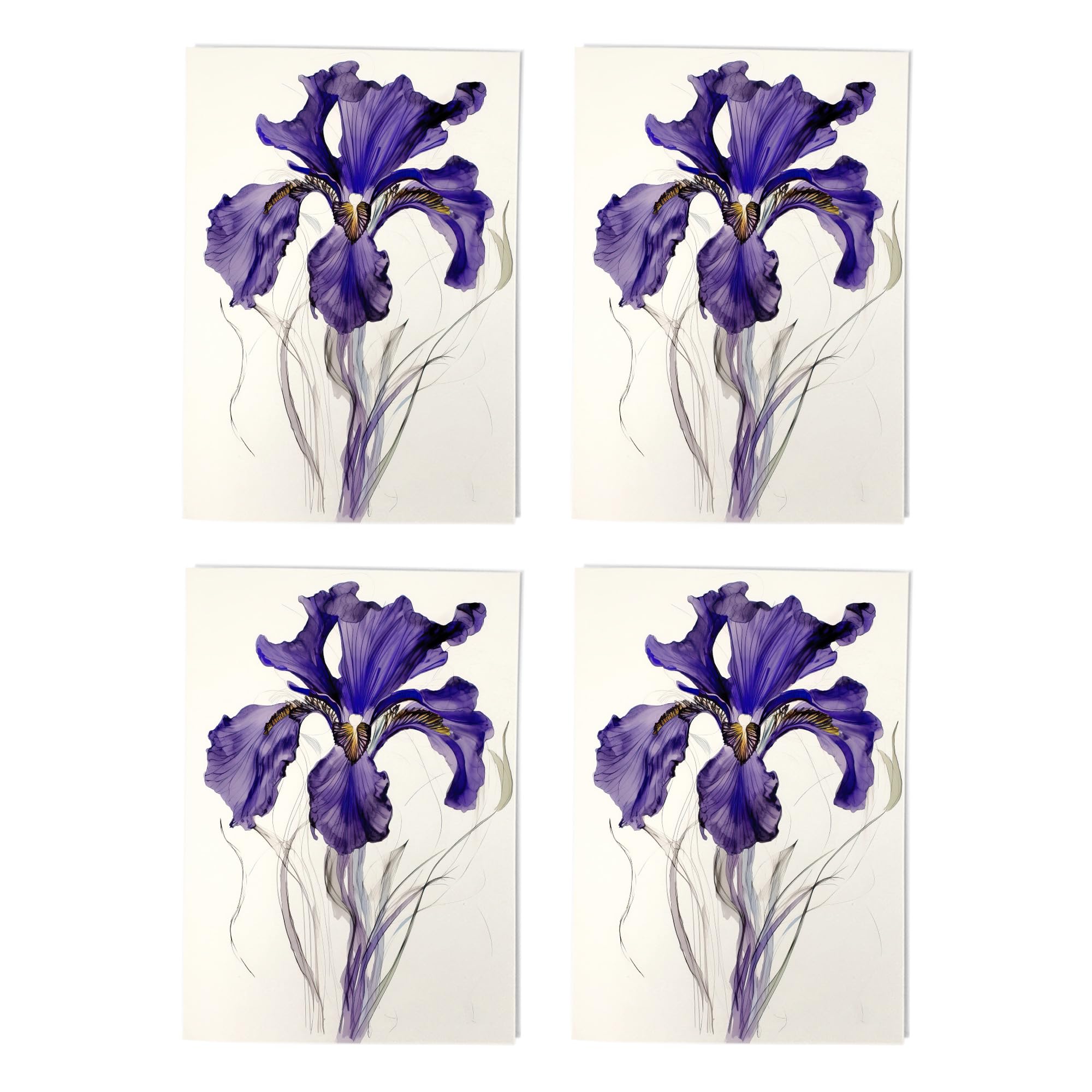 Single Iris Watercolour Art Cards Multipack of 4 Floral Bloom Greeting Cards For Any Occasion Blank Inside A6 10 x 15 cm