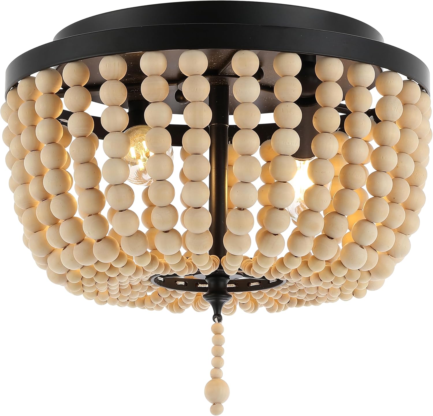 JONATHAN Y 10" Black/Cream Allison 2-Light LED Flush Mount Ceiling Light for Bedroom, Wood Beaded Shade Shabby Chic Farmhouse Rustic Decor, LED Bulbs Included (JYL9074B)