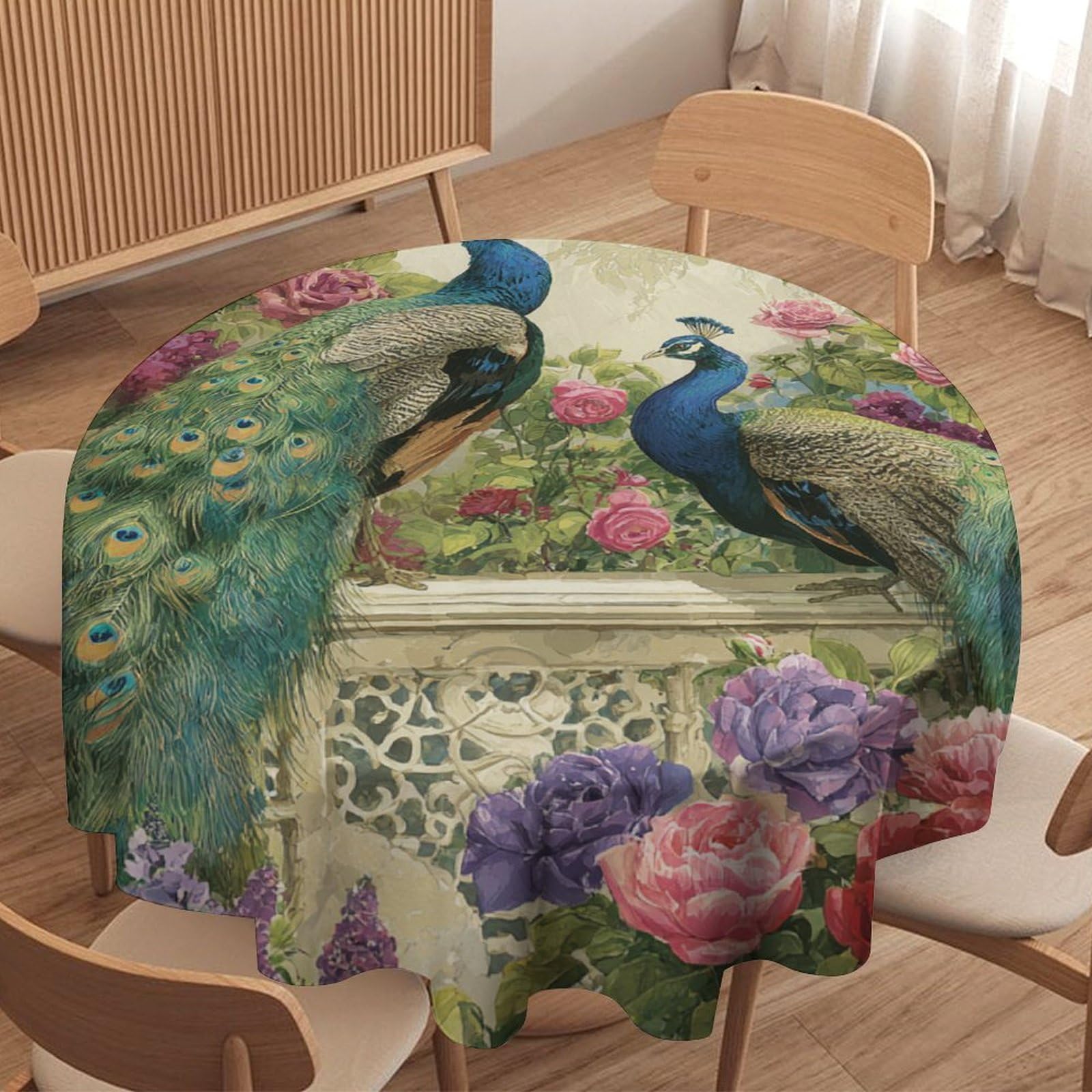 LUYYSKY Romantic Classic Elegant Peacock Waterproof Round Tablecloth Vintage Oil Painting Spring Garden Rose Floral Animal Peacock Washable Table Cover for Kitchen-91.4" Wx91.4 L cm