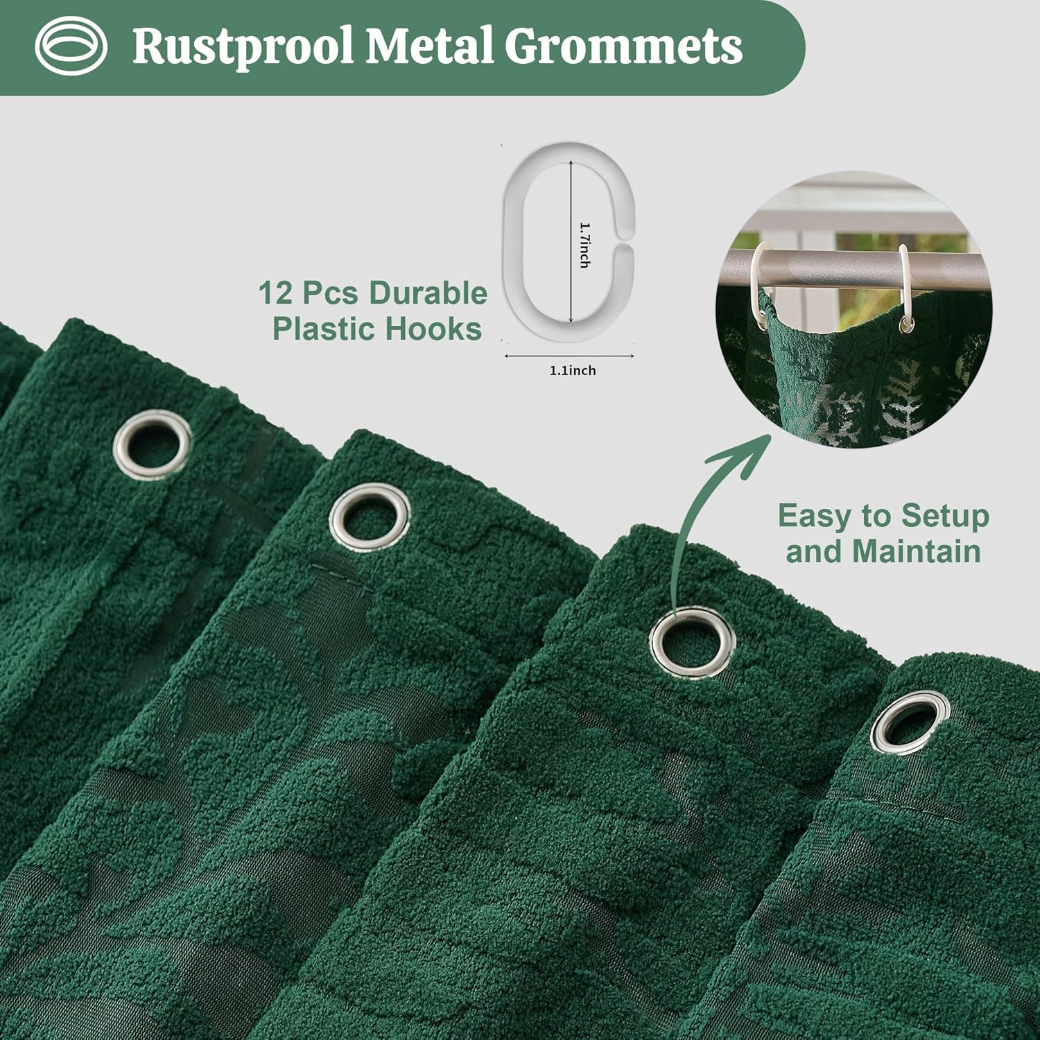 Extra Long Dark Green Shower Curtain Lace, 72 x 84 Tufted Tropical Plant Textured Shower Curtain Modern Chic Soft Fabric Shower Curtains for Bathroom