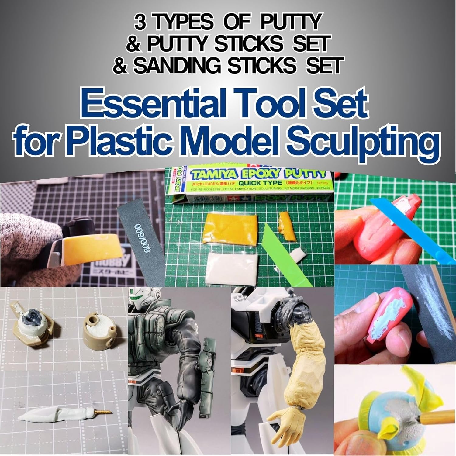 Epoxy Sculpting Putty (Quick Hardening Type) 87051・(High Density Type) 87052＆ Basic Type Putty 87053 & Putty Sticks Set & Sanding Sticks Set #120・#240・#600・#800・#1000