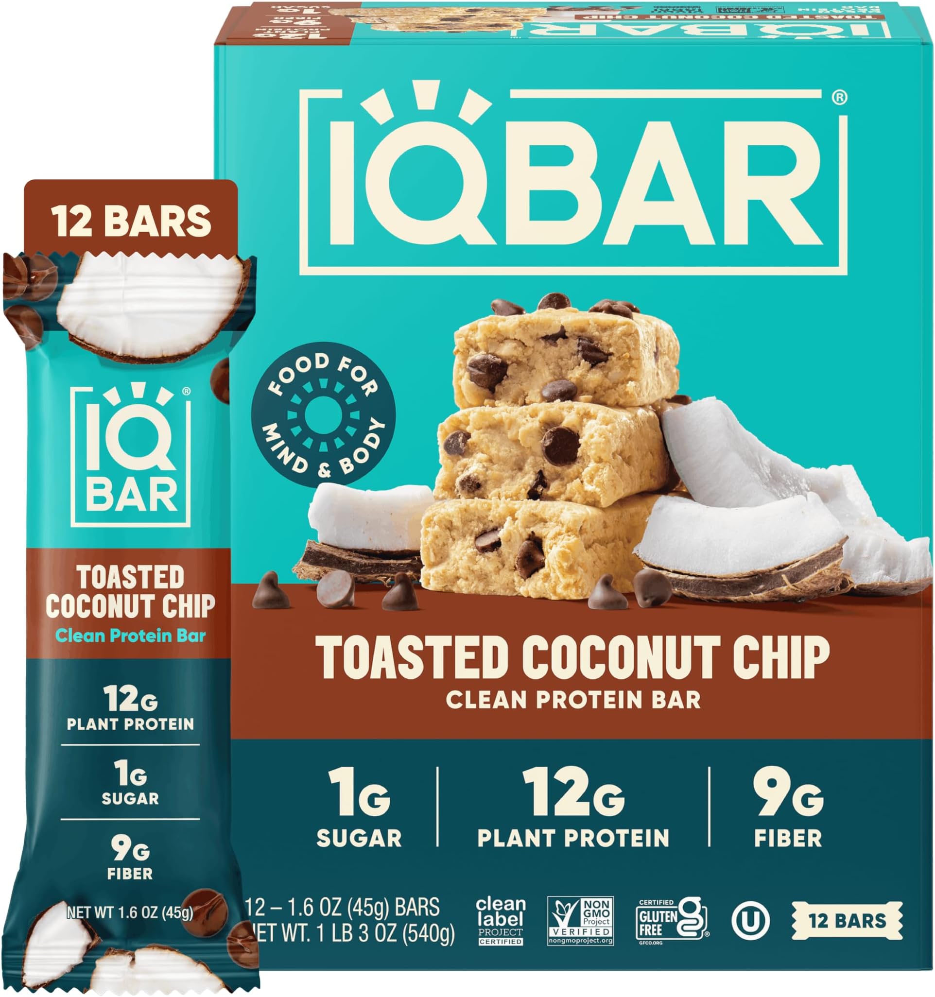 IQBAR Clean Protein Bars, Low Sugar Keto, Toasted Coconut Chip 12-Count | High Fiber Plant Based Snacks, Clean Label Project Certified | Gluten Free, Dairy Free, Vegan, Soy Free