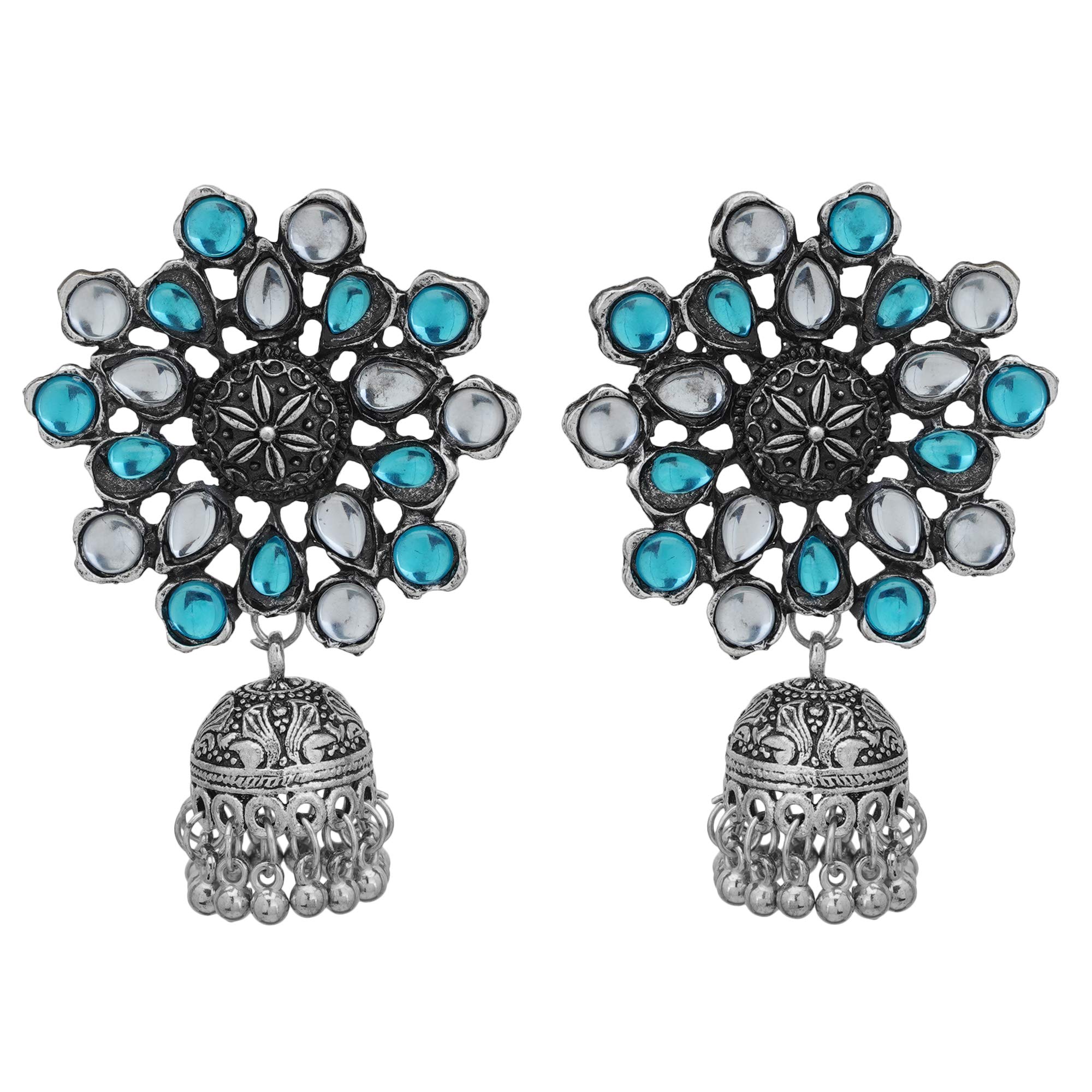 Shreyadzines Traditional Oxidized Silver Exclusive Floral Design CZ Stone Dangle Jhumka Ghungroo Earrings for Women and Girls (Turquoise) (B07SHLMD79) Amazon Price History, Amazon Price Tracker