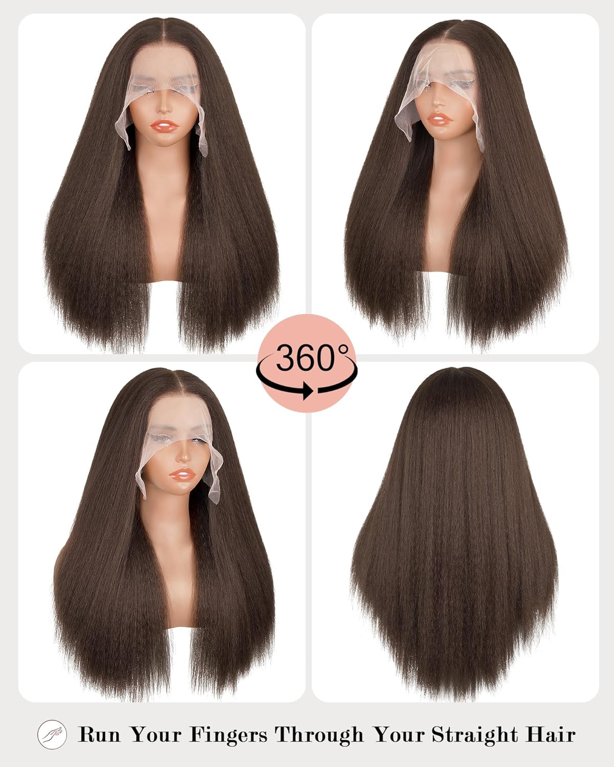 Kinky Straight Lace Front Wigs Pre Plucked with Baby Hairs 180% Density Yaki Straight 13x6 Synthetic Transparent HD Glueless Lace Wig as Human Hair Chocolate Brown 22 Inch