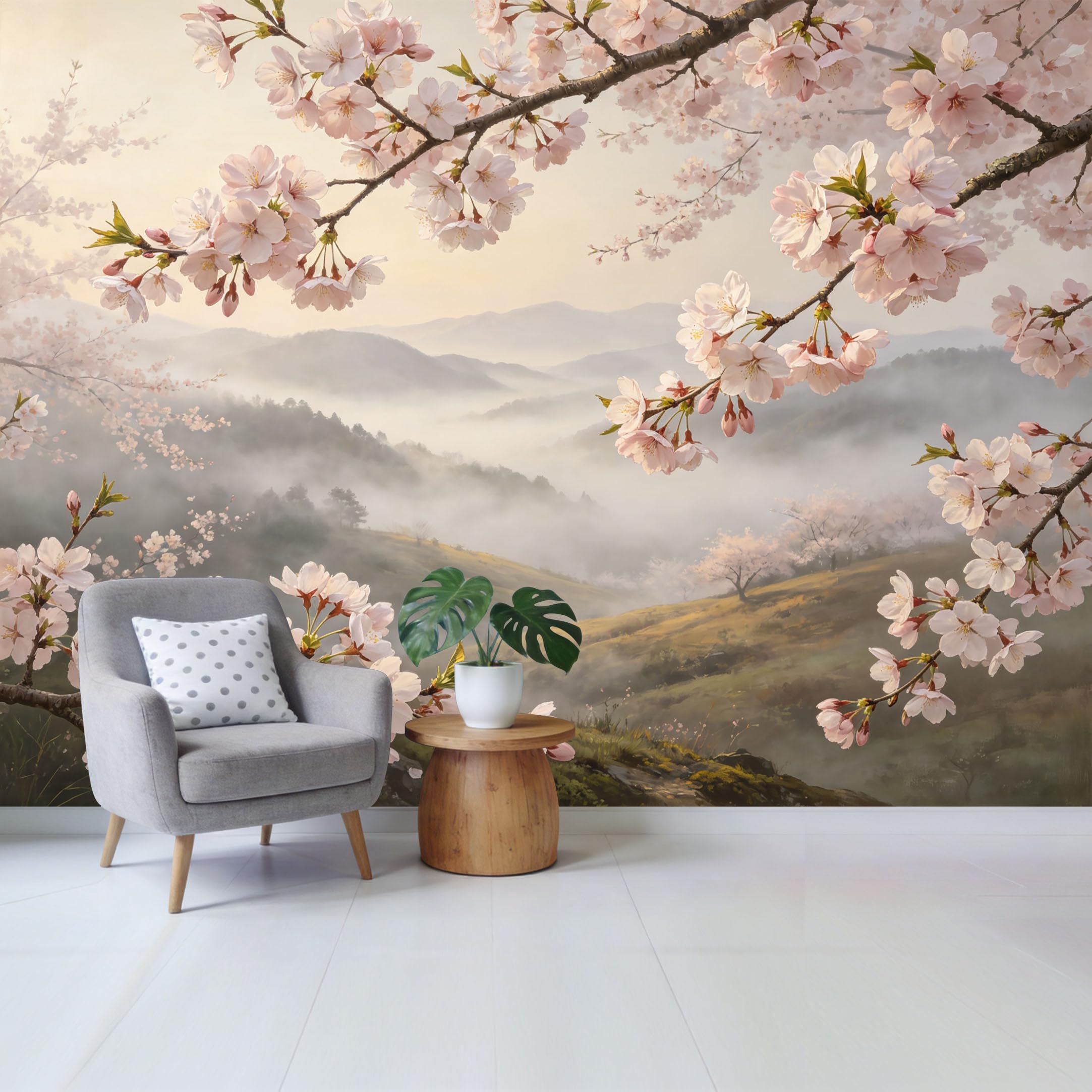Qzlithotic Yq2605250862 Custom Size Wall Mural Pink Cherry Blossom Branches Misty Mountain Landscape Botanical Watercolor Selfadhesive Wall Fabric Removable Wallpaper For Home Office Decor