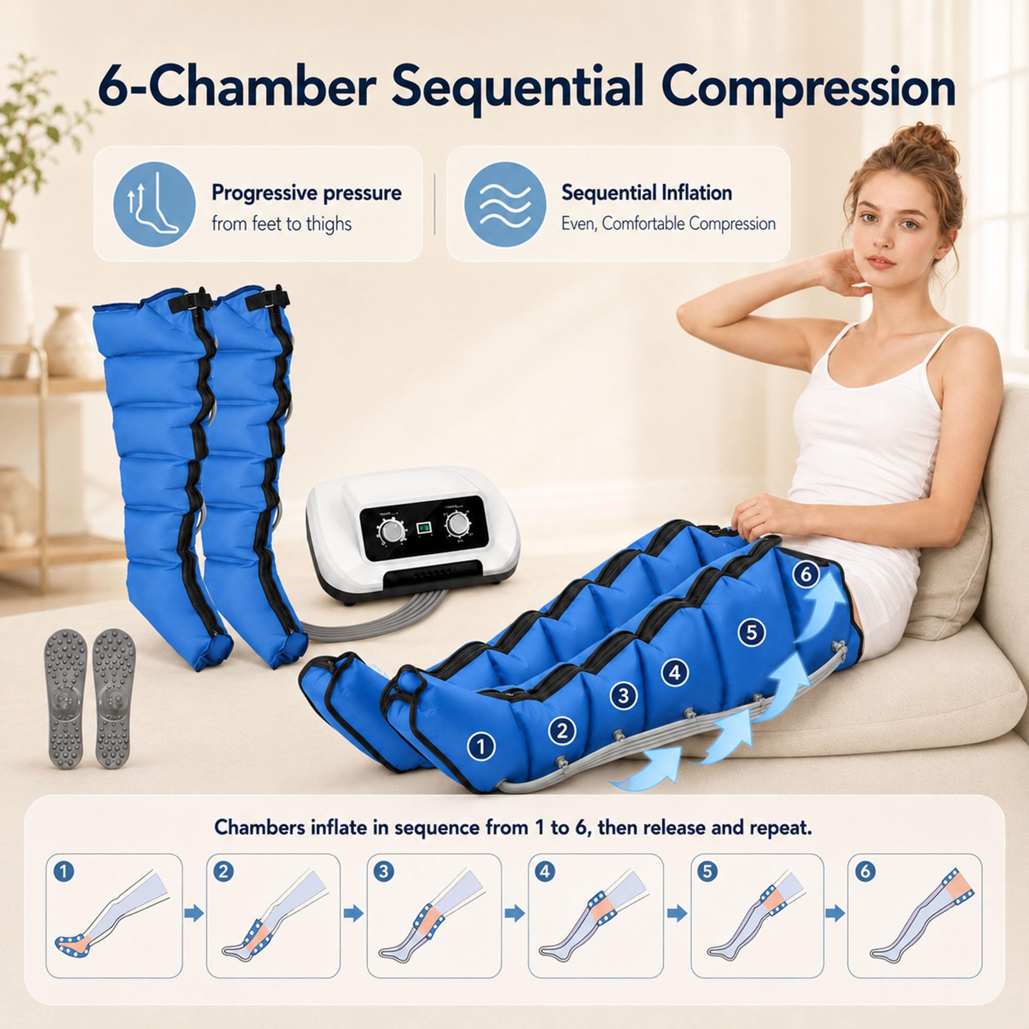 Botas de Presoterapia Piernas para Casa 6 Cámaras, Azul M | Botas de Presoterapia, Drenaje Linfático, Circulación, 0-30 Min, 30-240 mmHg Ajustables, 2 Piernas + Abdomen